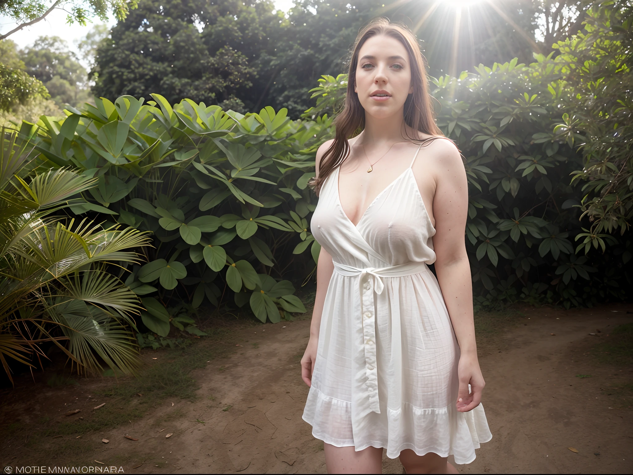 foto hiper-realista de Angela White, (usando um short, flowing white linen dress), em um campo verde exuberante, luz natural, natural lighting ((sol no final da tarde)), sombras suaves, cores vibrantes, (analogue photo, Kodak UltraMax 400 |) ((lomography))