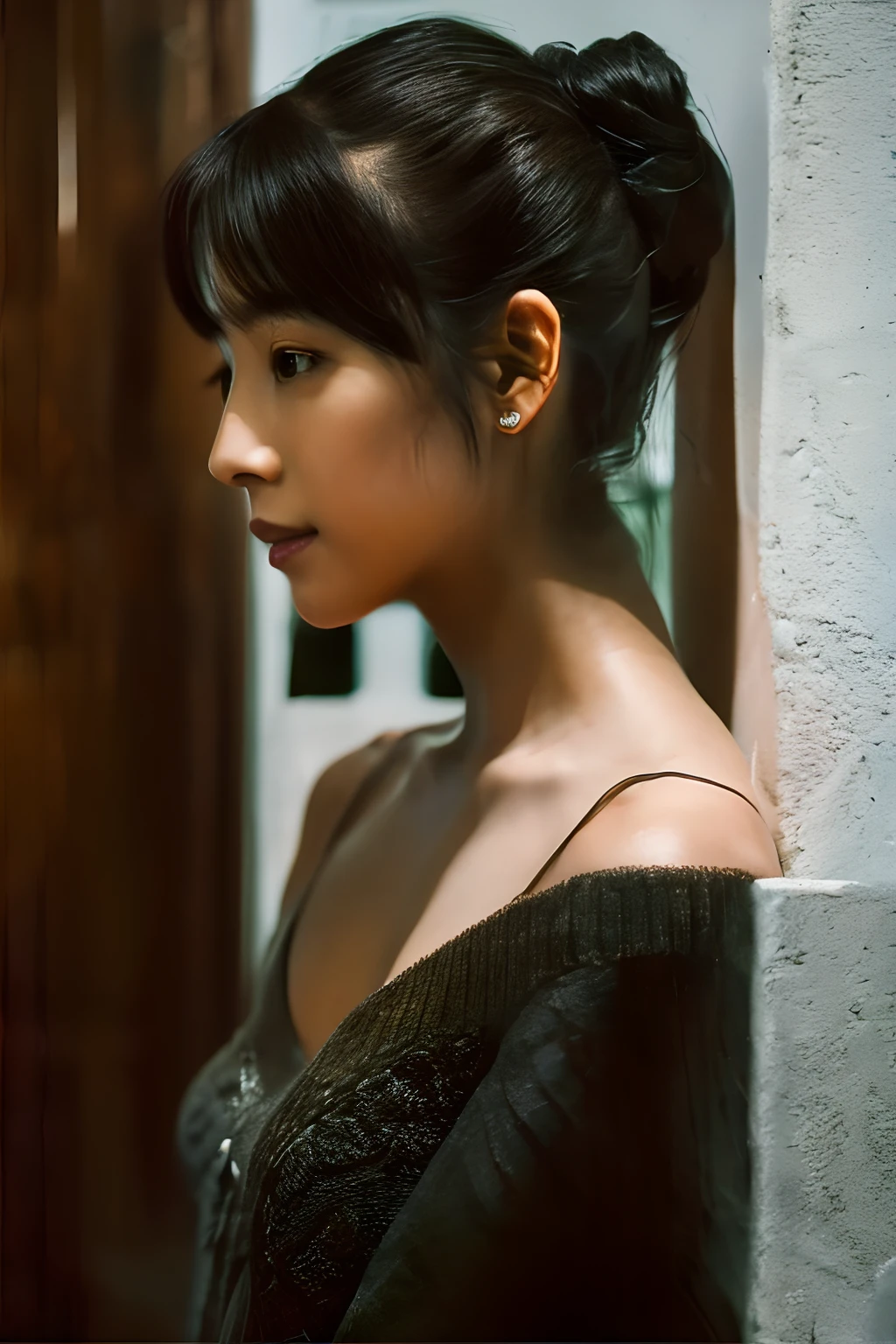 Best quality, masterpiece, ultra high res, (photorealistic:1.4), raw photo, 1girl, offshoulder, in the dark, deep shadow, low key, cold light