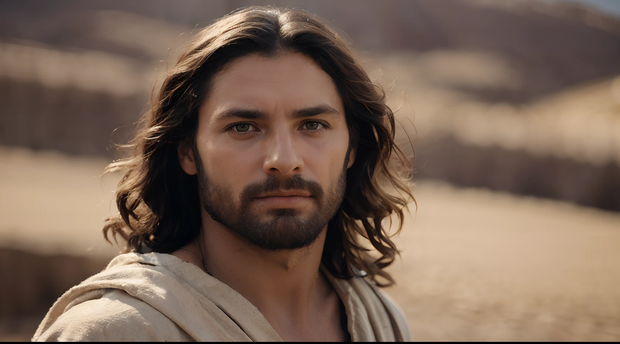 Jesus  in the desert, cinematic, vintage retro cinema, close up portrait photo by Annie Leibovitz, film, studio lighting, detailed skin, ultra realistic, bokeh, sharp features, 8k