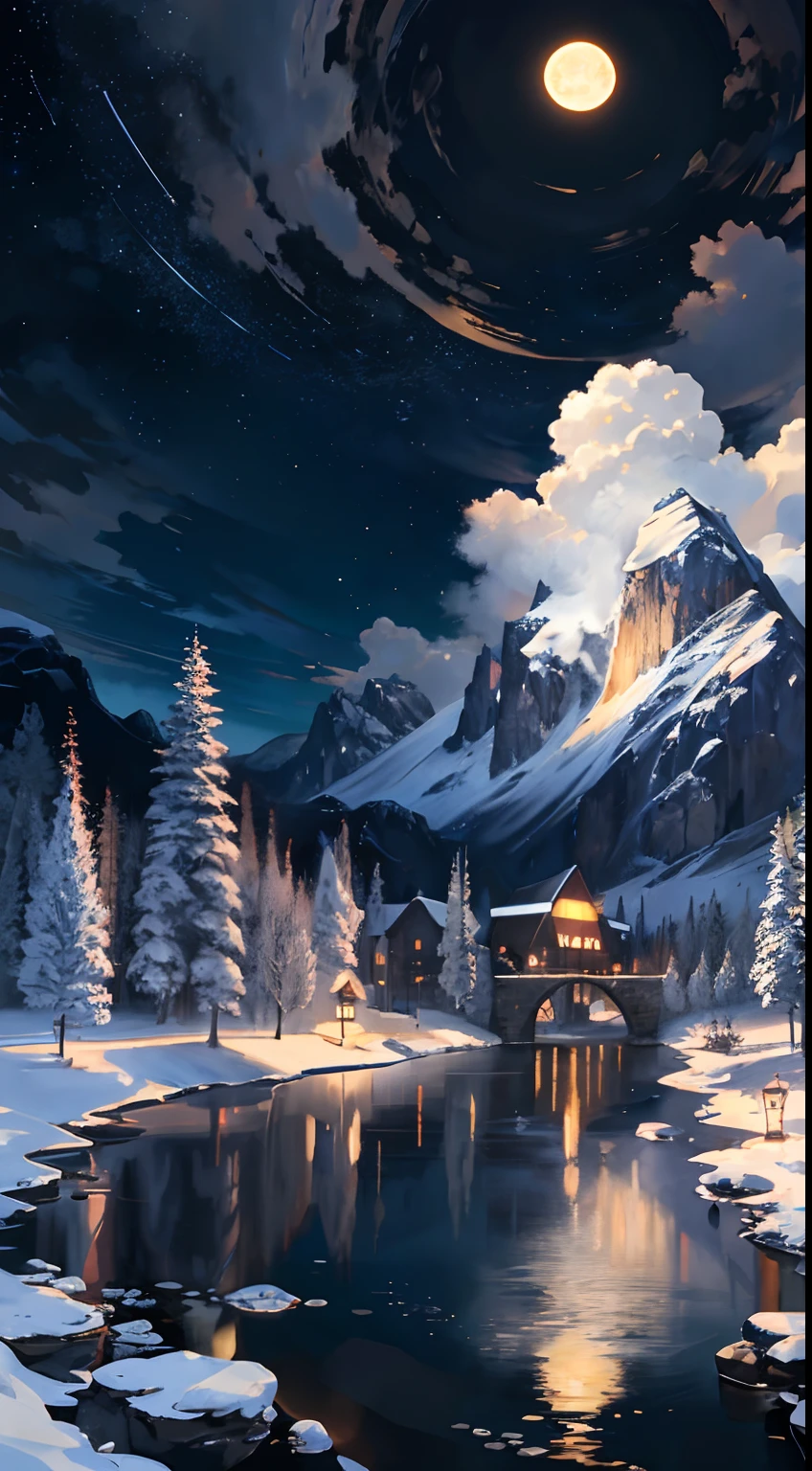 A painting of a river with stars and moon in the sky, concept art inspired by Tosa Mitsuoki, pixiv contest winner, best quality, fantasy art, beautiful anime scene, golden moon. A bright moon, starry sky environment under the moonlight, dream painting, anime background art, fantasy landscape art, dreamy night, anime background, background artwork, dreamy art, atmospheric anime, starry sky, details enhanced.