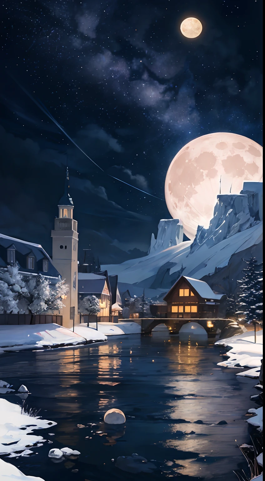 A painting of a river with stars and moon in the sky, concept art inspired by Tosa Mitsuoki, pixiv contest winner, best quality, fantasy art, beautiful anime scene, golden moon. A bright moon, starry sky environment under the moonlight, dream painting, anime background art, fantasy landscape art, dreamy night, anime background, background artwork, dreamy art, atmospheric anime, starry sky, details enhanced.
