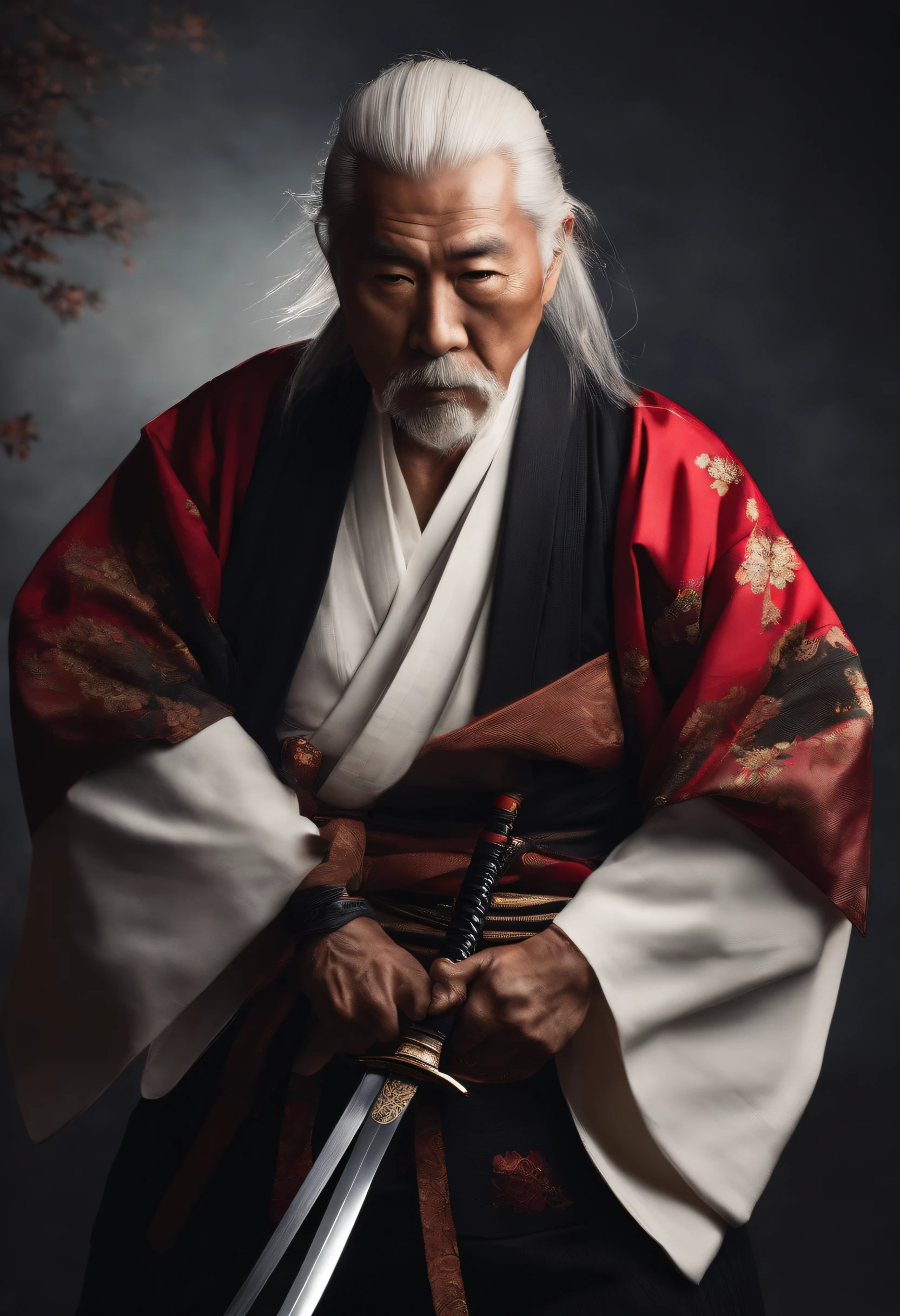 Historical, oldman, Samurai,battered,Black kimono, Japanese Katana Sword, long white hair, samurais,Grandpa, Burst