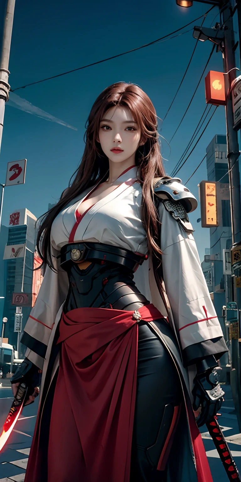 photorealistic, high resolution, soft light,1women, solo, hips up, (detailed face), red long hair, cybersamurai, cyborg, cyberpunk, cyber armor, holding weapon,glowing,on the street , kimono , katana