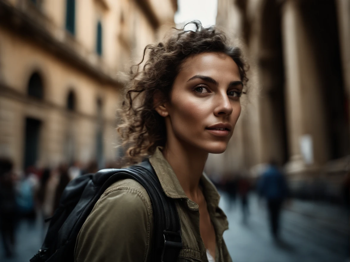 analog style, model photography style, RAW portrait of a young woman tourist with a backpack walking on th streets of Rome, admiring historic architecture, read hair and smiling, best quality, epic (by photo by Lee Jeffries, sony a7, 50 mm , pores: 1.5, colors, hyperdetailed: 1.5, film grain: 1.4, hyperrealistic: 1.5), hyperrealistic texture, masterpiece, unreal engine 5, extremely detailed CG unit 4k wallpaper, realistic eyes, insanely detailed photo, no shadows, (Winner of Pulitzer Prize for Photography and Taylor Wessing Photographic Prize)