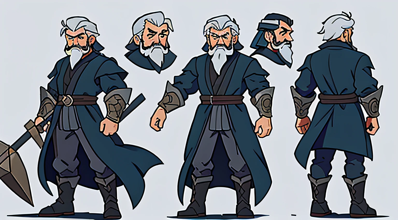 Sketches of a frowning bearded old man wearing the clothes of a commoner, strong body head with white hair, blacksmith and blacksmith's hammer, inspired by Godo by berserk, open arms, serious visuals High quality character design, character design art, Artstation anime art, highly detailed character design, cartoon concept art, character design, professional character design, character design concept art, color concept art design illustration, character concept art, stylized character design , [character design]
