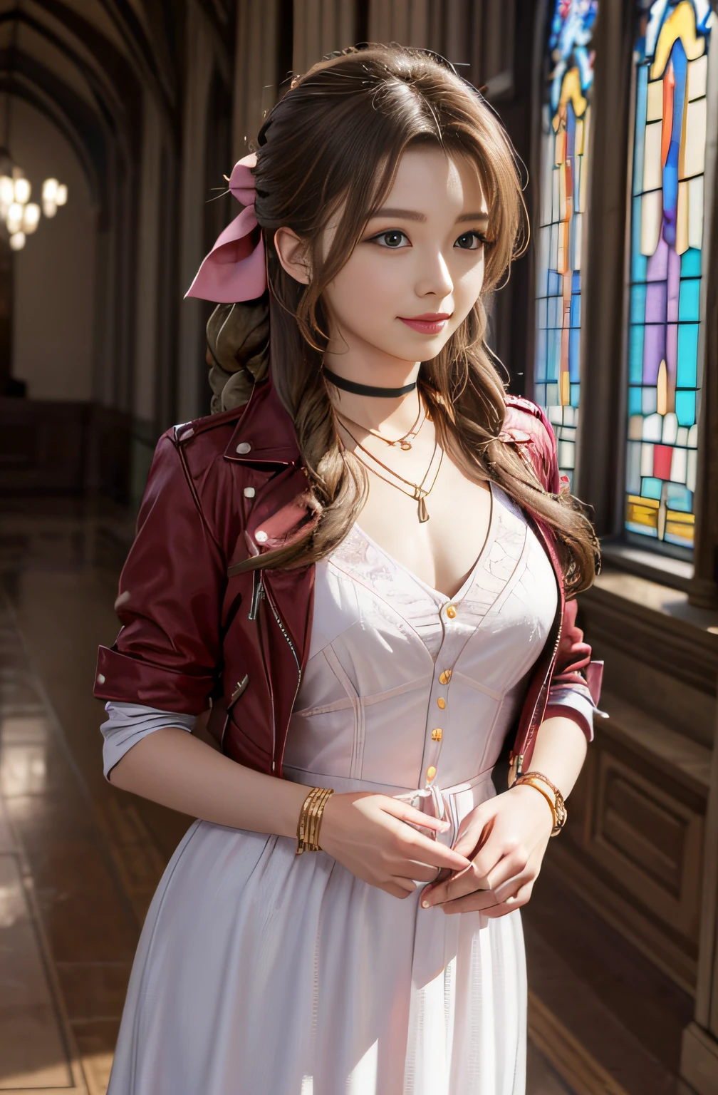 masutepiece, Best quality, Large resolution, ygo, Ultra-detailed, Large resolution, Very detailed CG unity 8k wallpaper, Perfect artwork, perfect women figure, 1girl in, Aerith Gainsborough, choker necklace, Cropped jacket, Hair Bow, Bracelet, Pink dress, view the viewer, light  smile, Indoors, stained glass window, Flower garden,Moderate chest、Details Eye Makeup