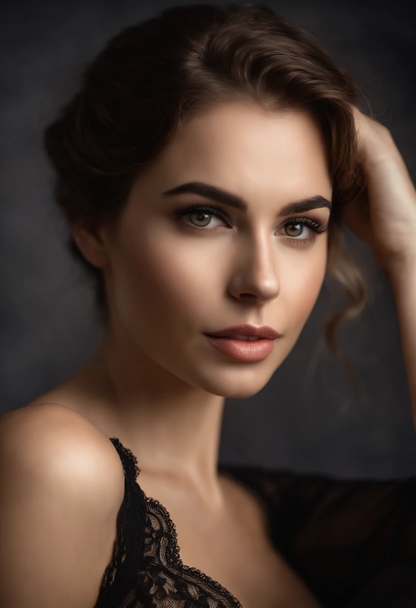 (Sharp focus:1.2), Photo, Charming French girl, (Beautiful face:1.3), Detailed eyes, lusciouslips, （B cup breasts:1.0），Black silk lace corset，（cleavage 1.3），Wavy hair，cinmatic lighting:1.2，Depth of field, Bokeh, 8K, hdr.