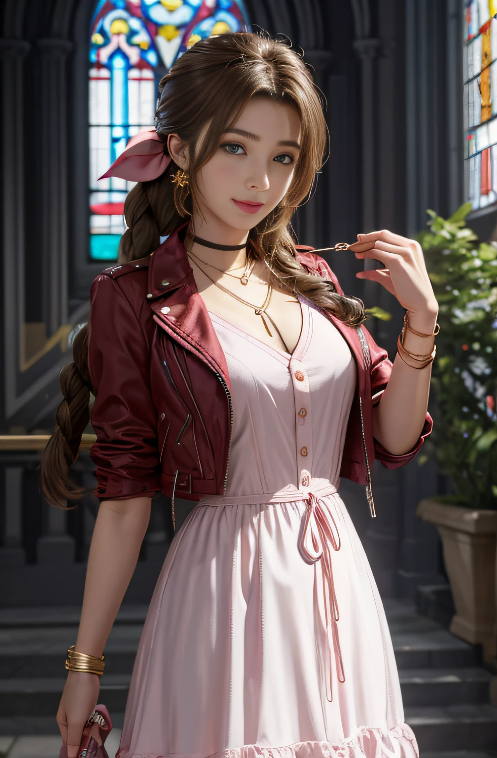 masutepiece, Best quality, Large resolution, ygo, Ultra-detailed, Large resolution, Very detailed CG unity 8k wallpaper, Perfect artwork, perfect women figure, 1girl in, Aerith Gainsborough, choker necklace, Cropped jacket, Hair Bow, Bracelet, Pink dress, view the viewer, light  smile, Indoors, stained glass window, Flower garden,Moderate chest、Details Eye Makeup