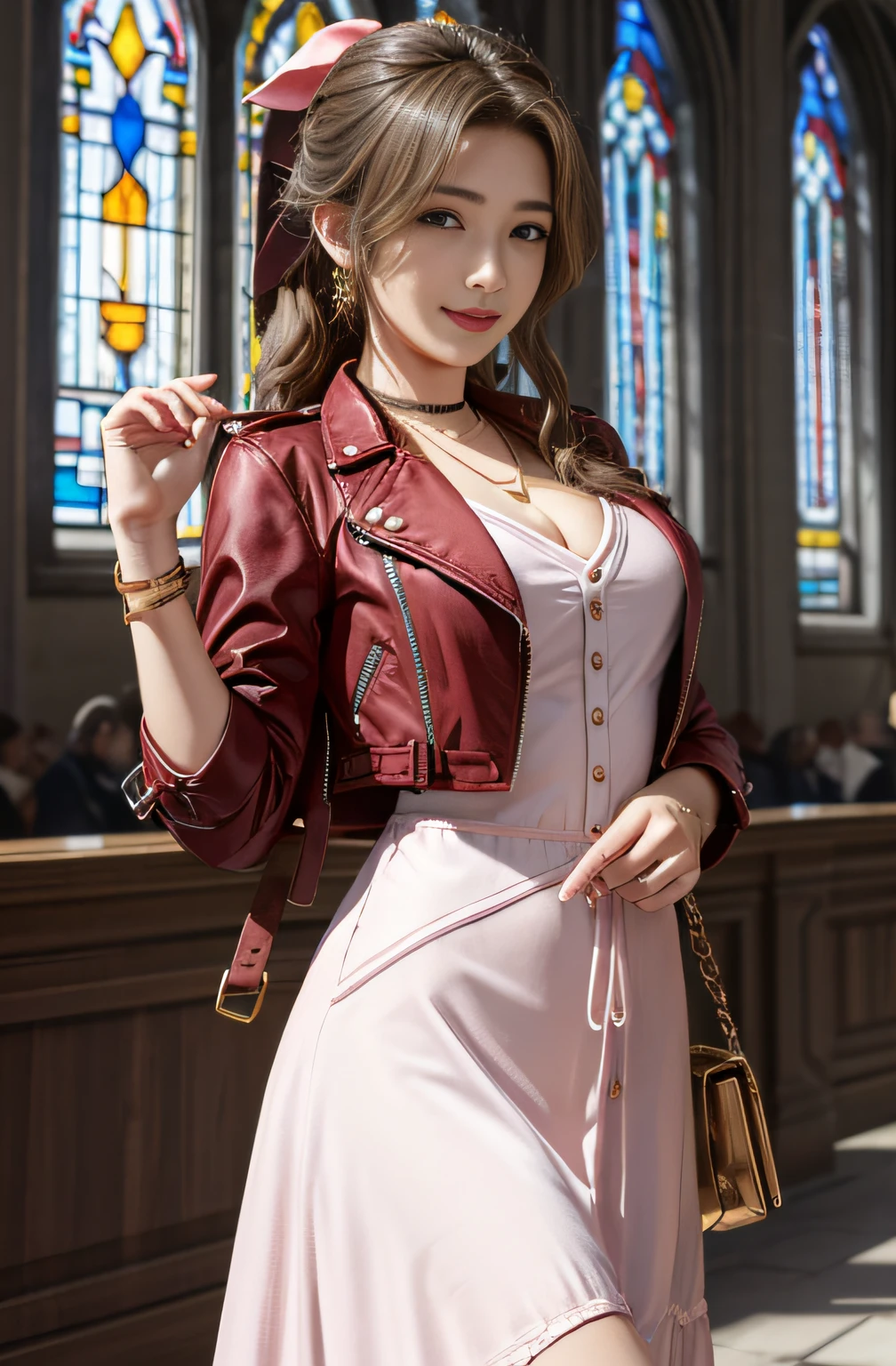 masutepiece, Best quality, Large resolution, ygo, Ultra-detailed, Large resolution, Very detailed CG unity 8k wallpaper, Perfect artwork, perfect women figure, 1girl in, Aerith Gainsborough, choker necklace, Cropped jacket, Hair Bow, Bracelet, Pink dress, view the viewer, light  smile, Indoors, stained glass window, Flower garden,Moderate chest、Details Eye Makeup