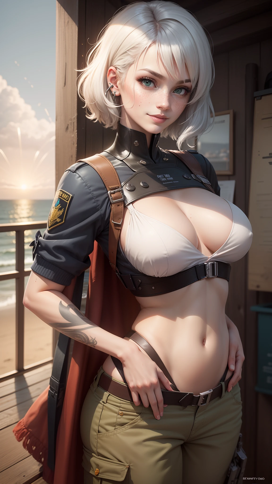 gwen tennyson,tracer,y'shtola rhul,yorha 2b,atelier ryza,resident evil,close up,mecha pilot,ocean view,fireworks,tattoos,blue and gray plugsuit,white short sleeve silk top,steel cargo pants,uncovered belly, short hair,cute makeup,green eyes, red and silver hair,shy smile,freckles, redhead,beautiful girl,large breasts, ultra detailed,realistic,fantasy art, military uniform,steel armor,palm trees,moonlight,police uniform,pilot jacket,ear piercings,hair pin,wet body, portrait close up,beach cabin,