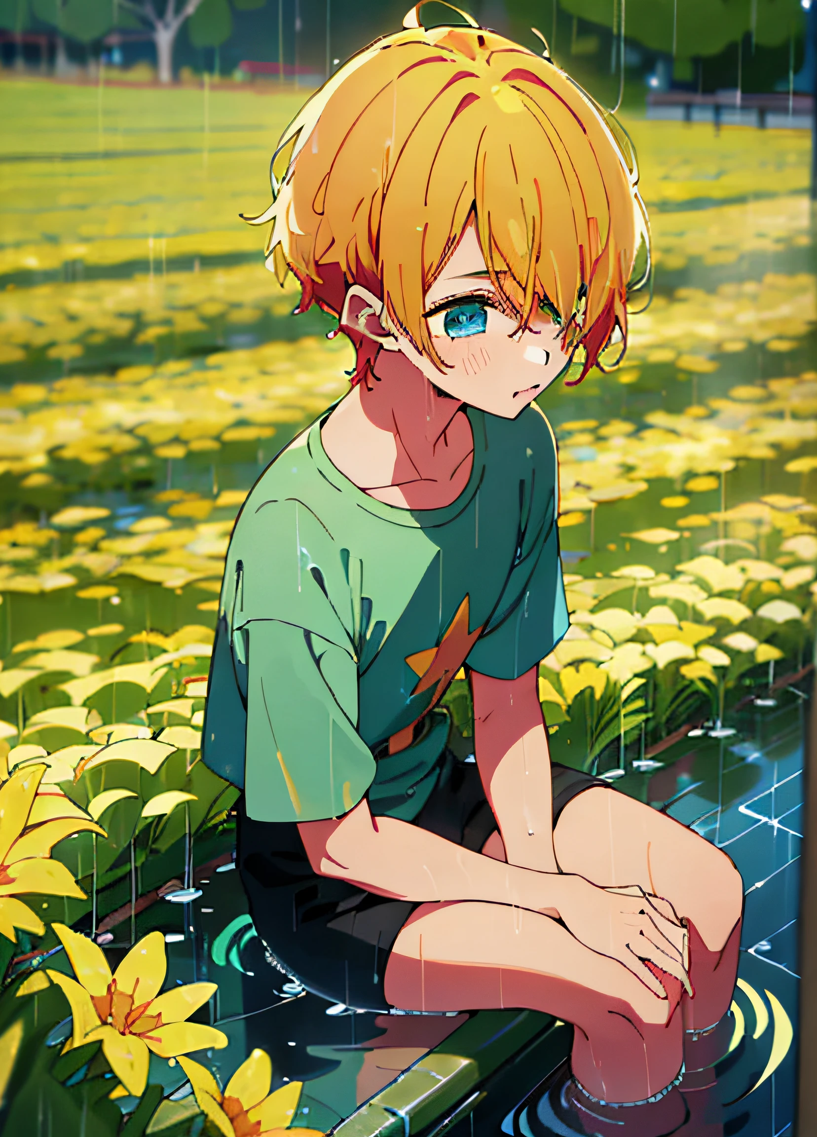 couple ,girl and Boy, Hoshino Aqua son of Hoshino Ai from anime oshi no ko, orange hair, star eyes, girl with long yellow hair green eyes , star eyes (after the rain:1.5), sitting in a puddle, (flower field, glowing, bloom, chromatic,