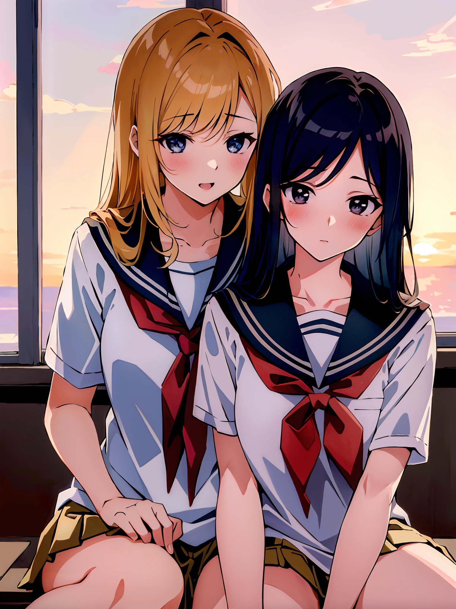nsfw, (2 girl:1.5), masterpiece, best quality, 8K, high res, highly detailed girl, highly detailed beautiful face, beautiful eyes,beautiful skin, dutch angle, outdoor, girl on the left(kirino kousaka:1.3), girl on the right(ayaka aragaki:1.3), smile, navel, medium breasts, bottomless, white string panties, school uniform, serafuku, white shirt, hand on hip, outdoor
