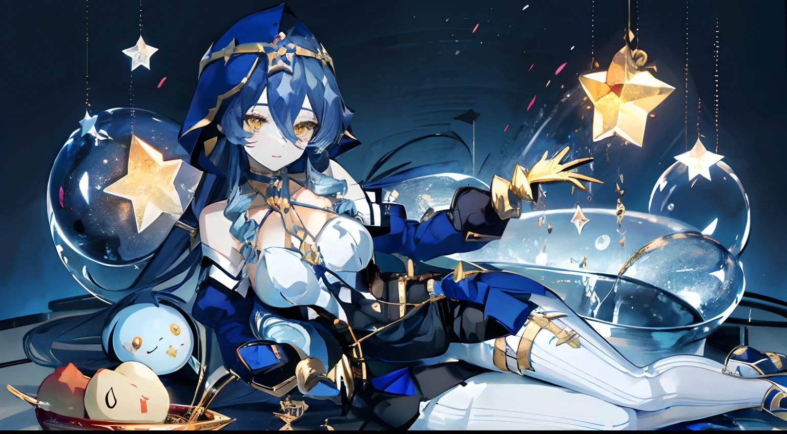 Illustration, UHD, retina, masterpiece, accurate, anatomically correct, super detail, high details, high quality, award winning, best quality, highres, good anatomy, 1080P, HD, 4K, 8k, 16k, 1girl, dynamic pose, androgynous, detailed eyes, detailed clothes, detailed hair, rendering, strands of hair, cute waifu, looking at viewer, layladef, yellow stars, dark blue background, smiling, short blue hair, twin tails, yellow eyes, hood on, deatahced puffy blue sleeves, white shirt, collar bone showing, gold, white leggings, blue locks, black gloves
