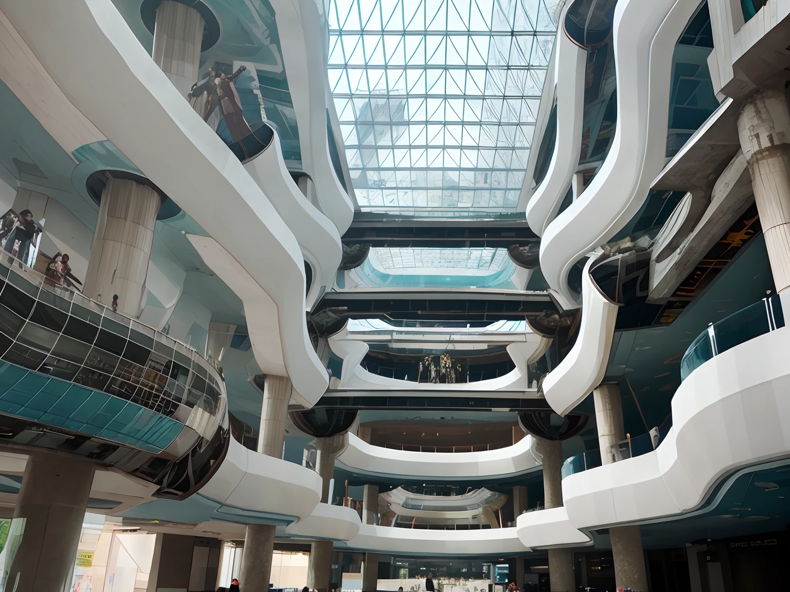 there is a large atrium with a glass ceiling and a lot of people, on a futuristic shopping mall, atrium, abandoned shopping mall, inside building, mall, futuristic government chambers, in magnificent shopping mall, inside the building, futuristic hall, shopping mall, brutalist futuristic interior, futuristic palace, inside a grand, huge glass structure, in an abandoned shopping mall