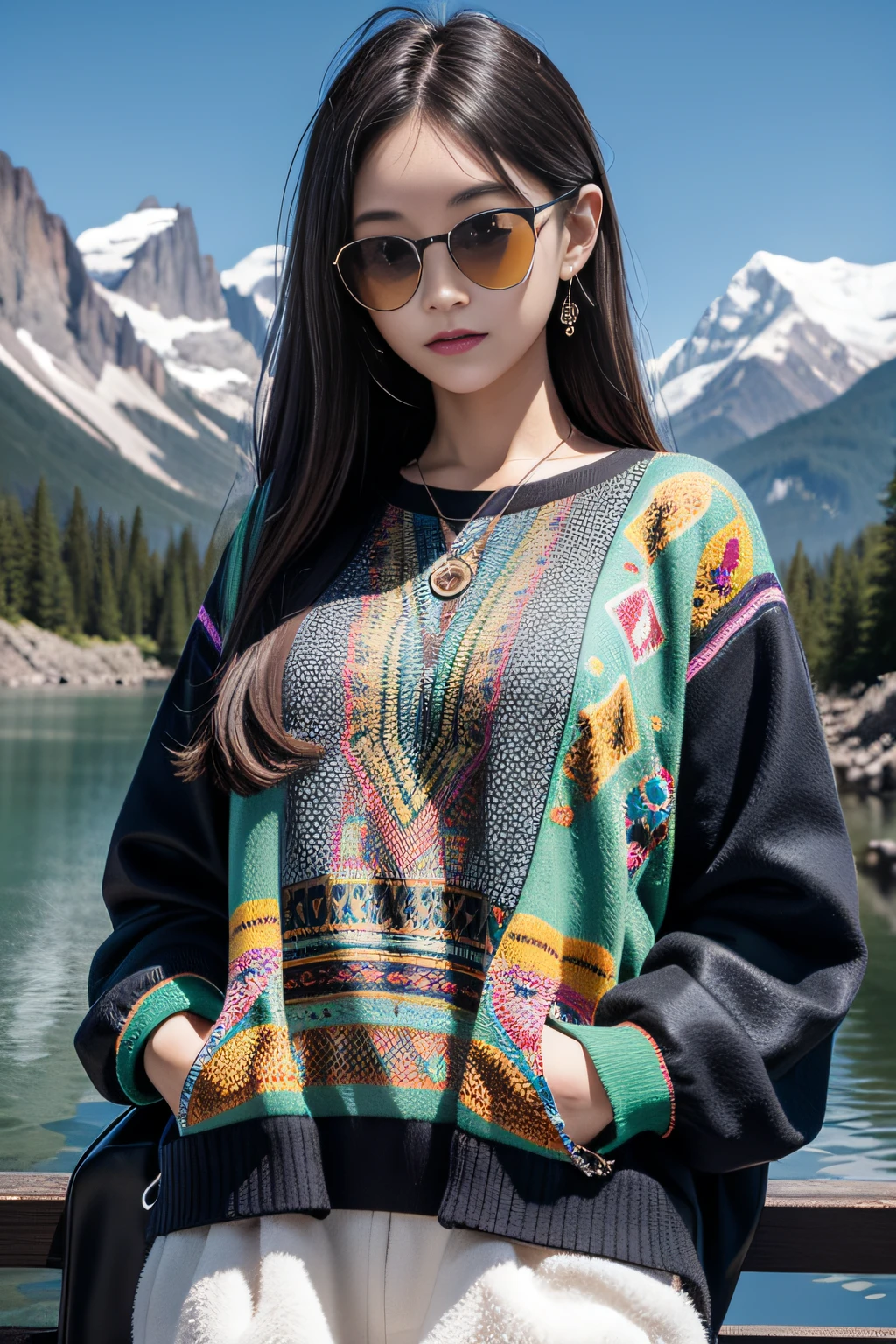 high high quality、Colorful color palette、high-level image quality、Mountains and rivers、Unprecedented amount of drawing、Realisticstyle、Geometric pattern background、frontage、Sticker style