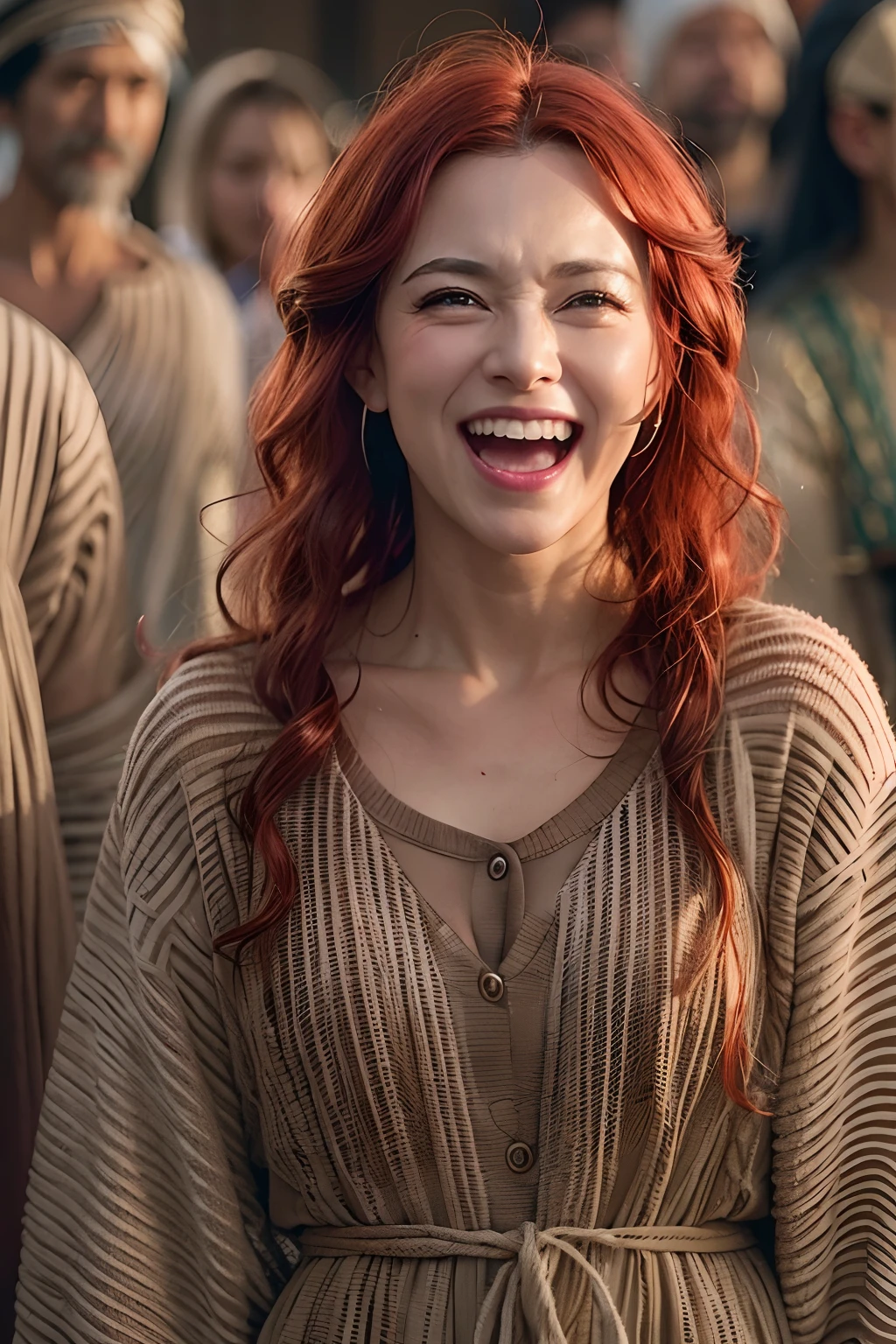 Red-haired Hebrew woman in Bible dress, perfect faces, Standing in front of the crowd, Everyone is smiling, And laughs,afterlife, Post, Anti-Life, The style of the mysterious TV series, After all, Changed carbon style, aftermath, After Effects, Live-action films, Alfredo and the Afterlife, Life after the pandemic, Series on Netflix, Live-action films