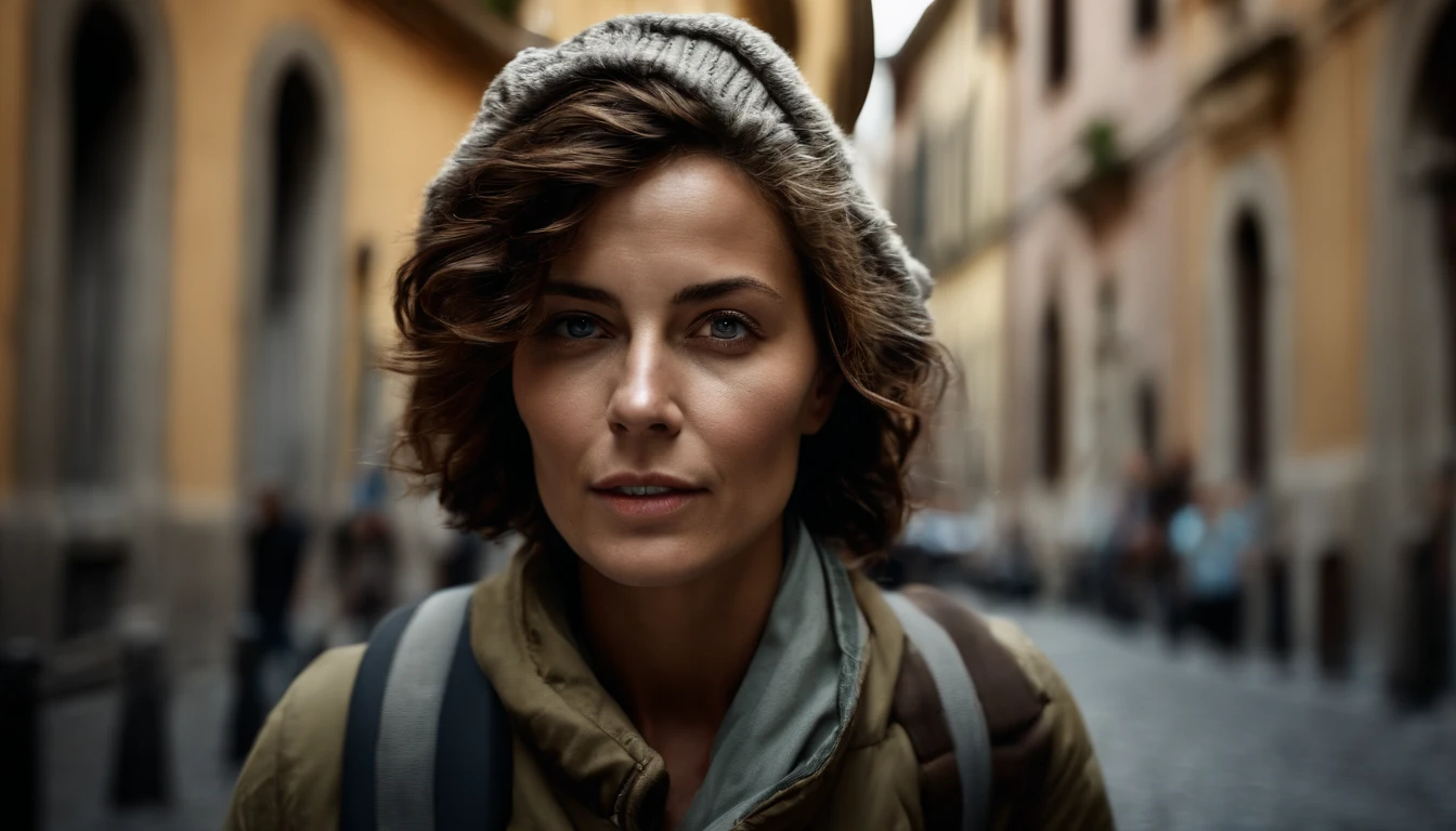 analog style, model photography style, RAW portrait of a female tourist with read short hair, using a backpack, walking on th streets of Rome, admiring historic architecture, read hair and smiling, best quality, epic (by photo by Lee Jeffries, sony a7, 50 mm , pores: 1.5, colors, hyperdetailed: 1.5, film grain: 1.4, hyperrealistic: 1.5), hyperrealistic texture, masterpiece, unreal engine 5, extremely detailed CG unit 4k wallpaper, realistic eyes, insanely detailed photo, no shadows, (Winner of Pulitzer Prize for Photography and Taylor Wessing Photographic Prize)