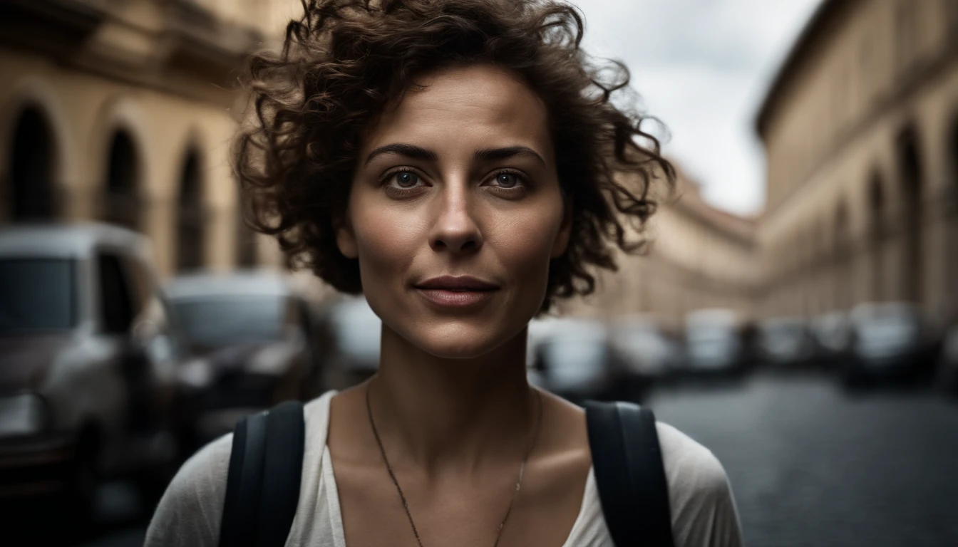 analog style, model photography style, RAW portrait of a female tourist with read short hair, using a backpack, walking on th streets of Rome, admiring historic architecture, read hair and smiling, best quality, epic (by photo by Lee Jeffries, sony a7, 50 mm , pores: 1.5, colors, hyperdetailed: 1.5, film grain: 1.4, hyperrealistic: 1.5), hyperrealistic texture, masterpiece, unreal engine 5, extremely detailed CG unit 4k wallpaper, realistic eyes, insanely detailed photo, no shadows, (Winner of Pulitzer Prize for Photography and Taylor Wessing Photographic Prize)