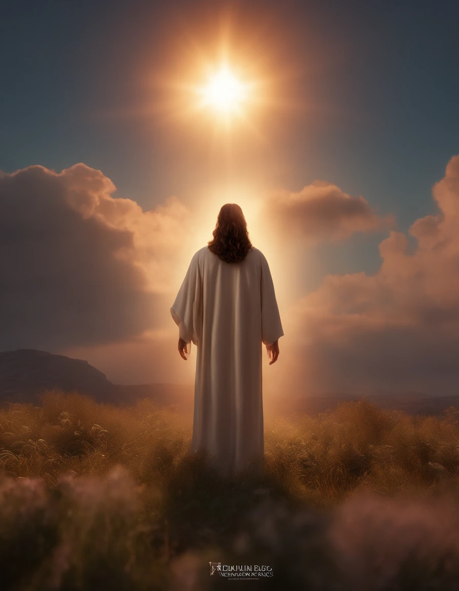de um nascer do sol deslumbrante, With vibrant colors filling the sky with image of Jesus of Nazareth , realista , altamente detalhado , pintura digital profissional , artstation , arte conceitual , motor irreal 5 , fotorrealismo , qualidade hd , 8K分辨率 , cinema 4d , 3d , lindo , cinemactic