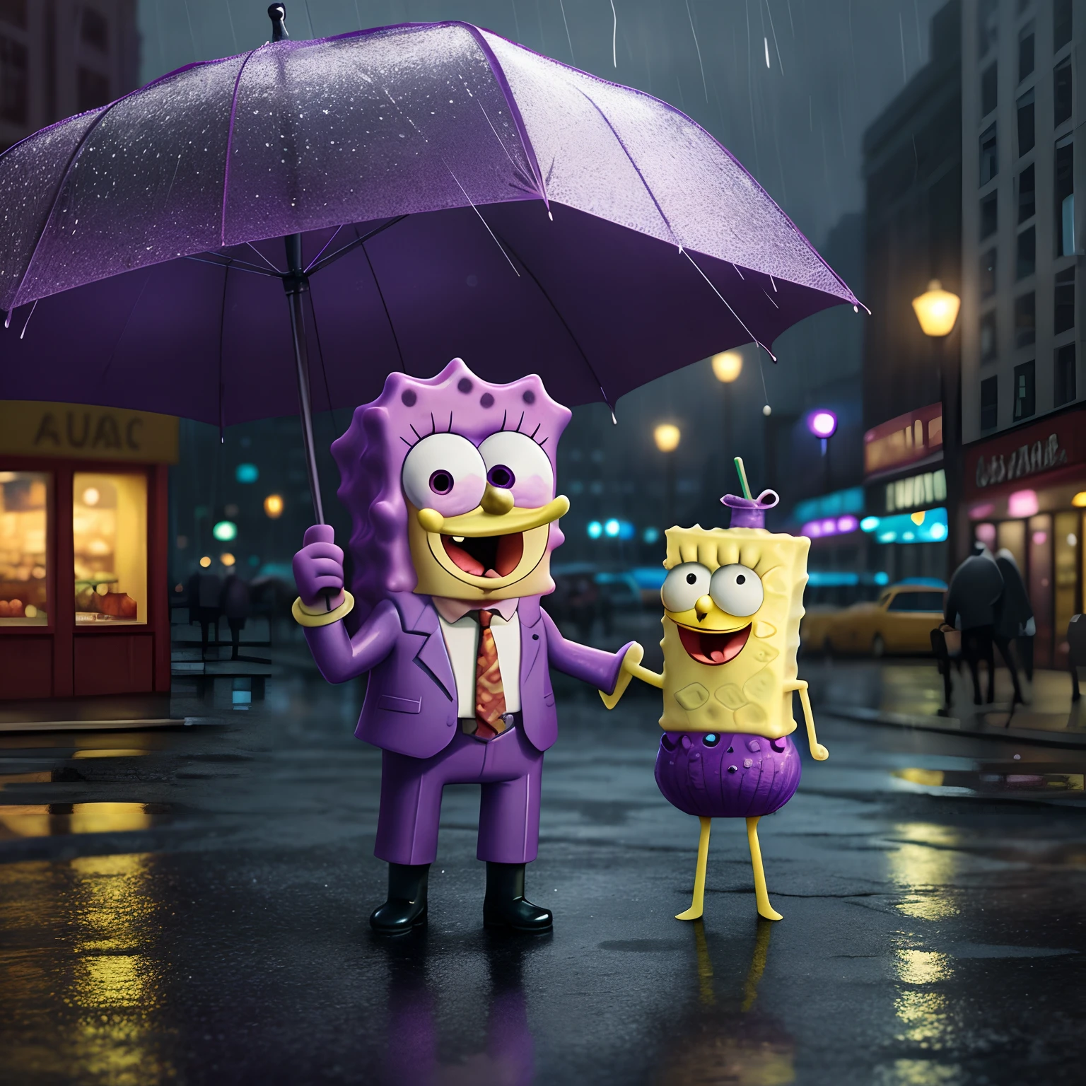 SpongeBob, sad, with purple drink in hand, raining, high detail, realistic background city, night.