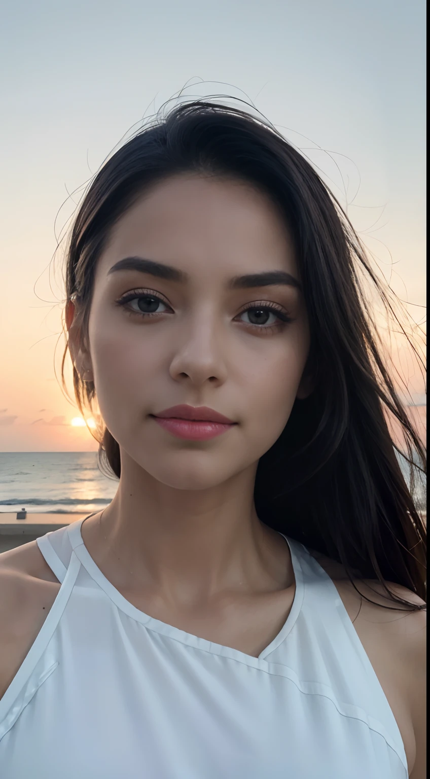 Create a hyper-realistic and detailed image of a digital influencer in the described context. A young woman, highly feminine, with a delicate, symmetrical, and exceedingly beautiful face. Her eyes should be a piercing light brown, and her straight, black hair gently cascades down to her shoulders. She is wearing a sleek, minimalist running outfit. She serenely walks along the promenade by the beach, with a backdrop of a gentle, enchanting sunset casting soft hues of orange and pink across the scenery. Her gaze is calm and captivating, and her subtly affectionate smile seems to invite friendly conversation. The facial expression should be masterfully sculpted to evoke a sense of peace and assurance. The lighting is gentle, coming from the direction of the sunset, providing a subtle glow on her skin and highlighting her features with a golden light. Camera angulation: slightly tilted upwards, giving her a stately yet approachable presence. The image style should be inspired by portrait techniques of photographer Annie Leibovitz, with a modern, fresh twist. Post-processing: add a slight smoothness to the skin and enhance the eyes to become alluring windows to the soul.