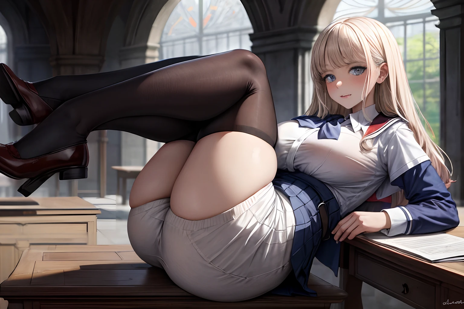 Masterpiece, Best quality, Uniforme scolaire, jupe, culotte blanche, Culotte blanche sous jupe, Mise au point des pieds, Rear arch, Extreme rear arch, gros cul, Defined stock, salle de classe, Faire un split sur le bureau, Prominent crack, Regarder le spectateur, Sans chaussures, school girl uniform, (Students watching it:1.3), Seductive, seductive expression, Chaussettes hautes cuisses, HUGE, yeux bruns, texture, Detailed Textured, Queue, sexy