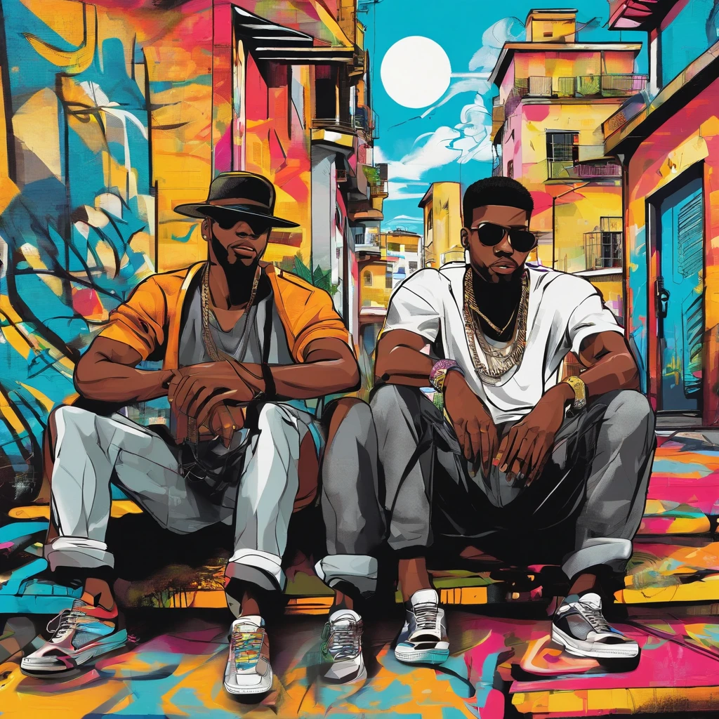 Two young black men sitting back to back at the top of a favela. The idea is that one represents the past of slavery and the other a young man from the current periphery. At the top you could see popular houses and a horizon of vegetation, with the sun in the spotlight.