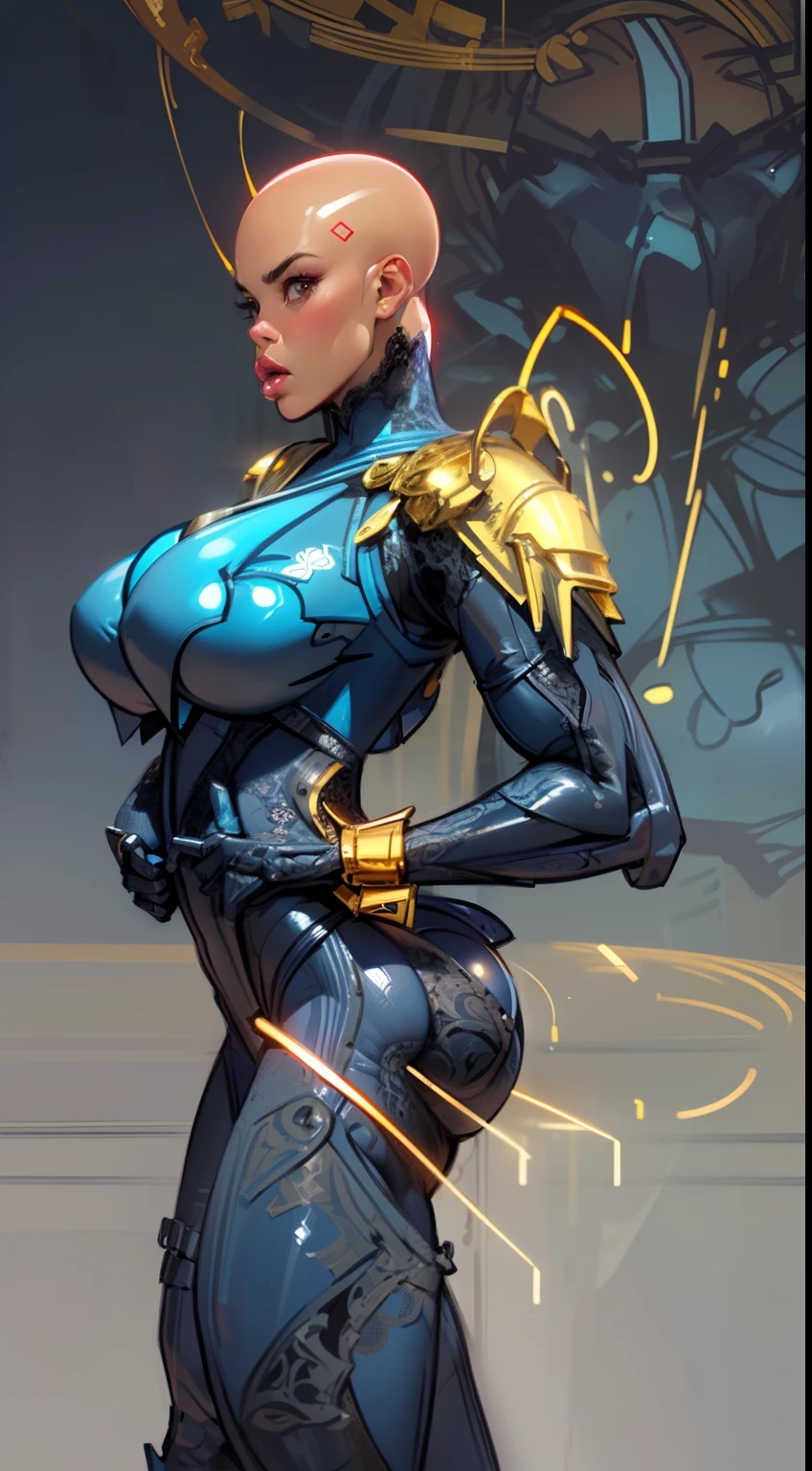 8k ((above view:1.3)), ((full body view))(large eyes:1.3), defined cheekbones, looking back, ((the pit style:1.4))((sleek dark blue bodysuit:1.6)) ((intricate lace details:1.6))detailed face:1.5), lightblue skin,(puffy lips:1.5) (lightblue skin:1.6), ((bald woman:1.7)), ((skinhead)), ((sexy pose)),(Muscular:1.3), ((gigantic breasts:1.5)), )highly detailed, Volumetric lighting, baroque oil painting by Greg Rutkowski, Artgerm, WLOP, dynamic angle,((intricate neon lines on bodysuit:1.3)), majestic, digital photography, best shadow, light particles, art by artgerm and ruan jia and greg rutkowski, ((gold shoulder pads:1.6)), (masterpiece), sidelighting, intricate details, (((black color palette)))
