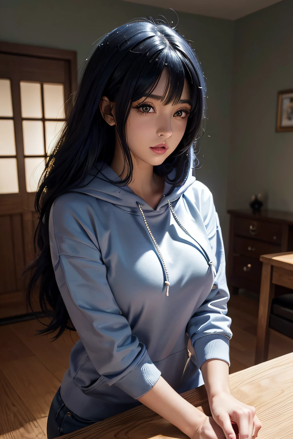 a close up of a person with long hair and a hoodie, hyuga hyuga, hinata hyuga from naruto, from naruto, as an anime character, Perfect anime face, She has dark blue hair，By bangs, female anime character, Anime figure, anime best girl, Seasonal haircuts, Dark blue hair, (Ruddy and shiny lips:1.3), Light purple eyes, Big breasts, Realistic, Ultra detail, indoor background