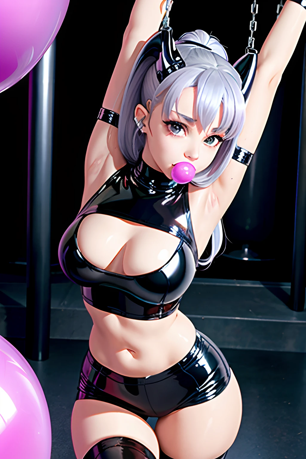 BDSM scene, 1 girl, Ariana grande, wearing latex, gagball in mouth, fifty shades of Grey inspired,  latex shiny, tight, smooth skin, bare belly,