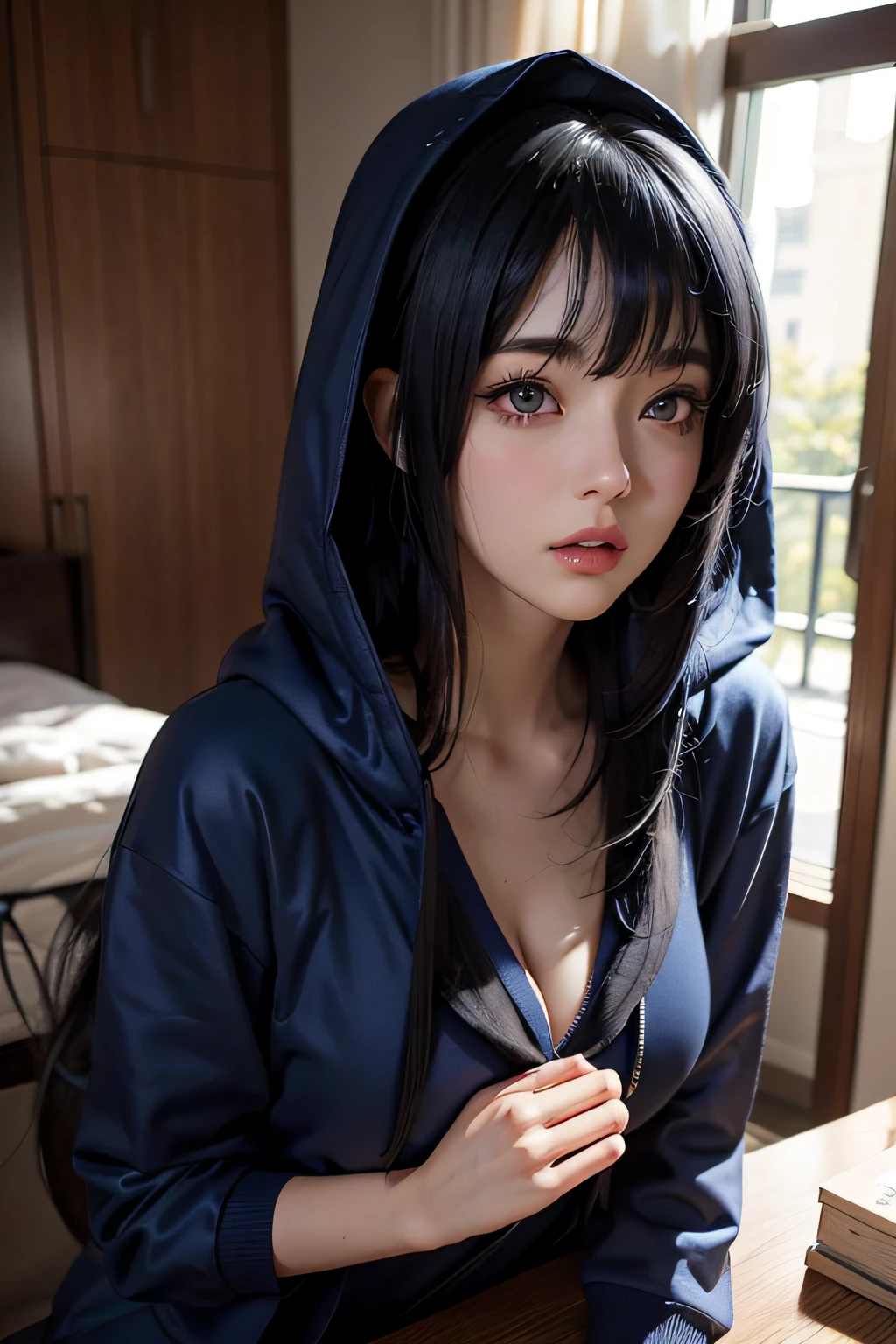 a close up of a person with long hair and a hoodie, hyuga hyuga, hinata hyuga from naruto, from naruto, as an anime character, Perfect anime face, She has dark blue hair,By bangs, female anime character, Anime figure, anime best girl, Seasonal haircuts, Dark blue hair, (Ruddy and shiny lips:1.3), Light purple eyes, Big breasts, Realistic, Ultra detail, indoor background