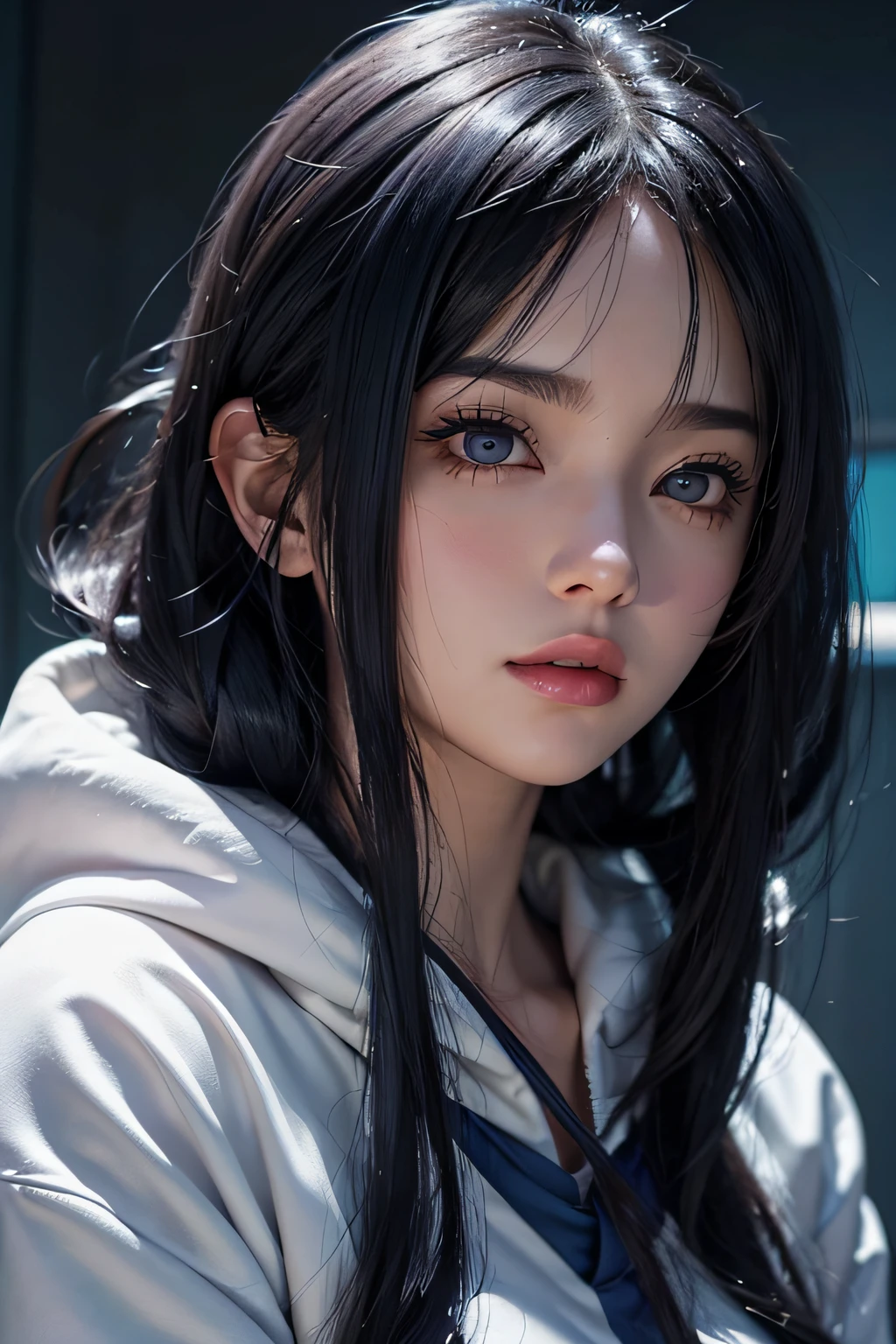 a close up of a person with long hair and a hoodie, hyuga hyuga, hinata hyuga from naruto, from naruto, as an anime character, Perfect anime face, She has dark blue hair,By bangs, female anime character, Anime figure, anime best girl, Seasonal haircuts, Dark blue hair, (Ruddy and shiny lips:1.3), Light purple eyes, Big breasts, Realistic, Ultra detail, indoor background