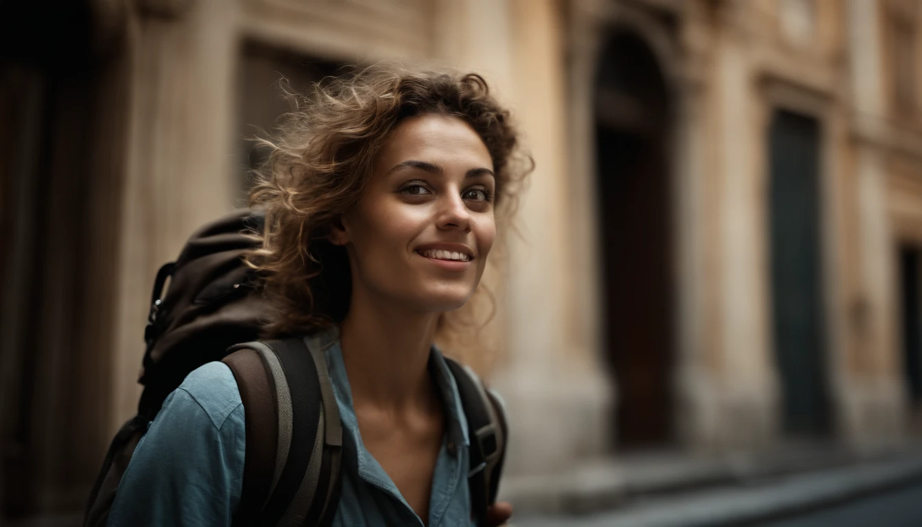 analog style, model photography style, RAW middle shot portrait of a young woman tourist with read hair and a nice smile, using a backpack, walking on th streets of Rome, admiring historic architecture, best quality, epic (by photo by Lee Jeffries, sony a7, 50 mm , pores: 1.5, colors, hyperdetailed: 1.5, film grain: 1.4, hyperrealistic: 1.5), hyperrealistic texture, masterpiece, unreal engine 5, extremely detailed CG unit 4k wallpaper, realistic eyes, insanely detailed photo, no shadows, (Winner of Pulitzer Prize for Photography and Taylor Wessing Photographic Prize)