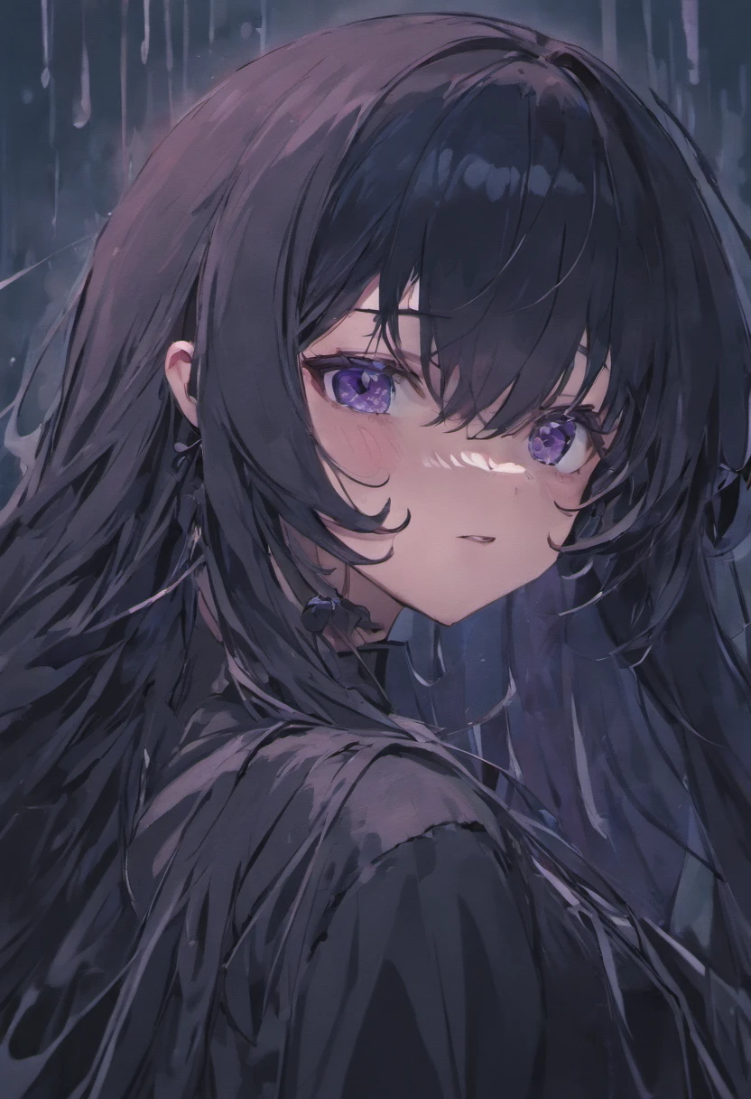 A goth anime girl with long black hair, has a blindfold on with ink mascara leaking from it. Pale white skin.