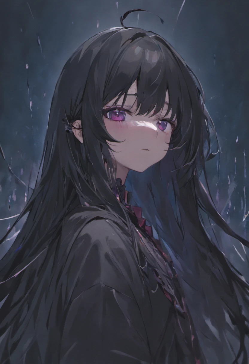 A goth anime girl with long black hair, has a blindfold on with ink mascara leaking from it. Pale white skin.