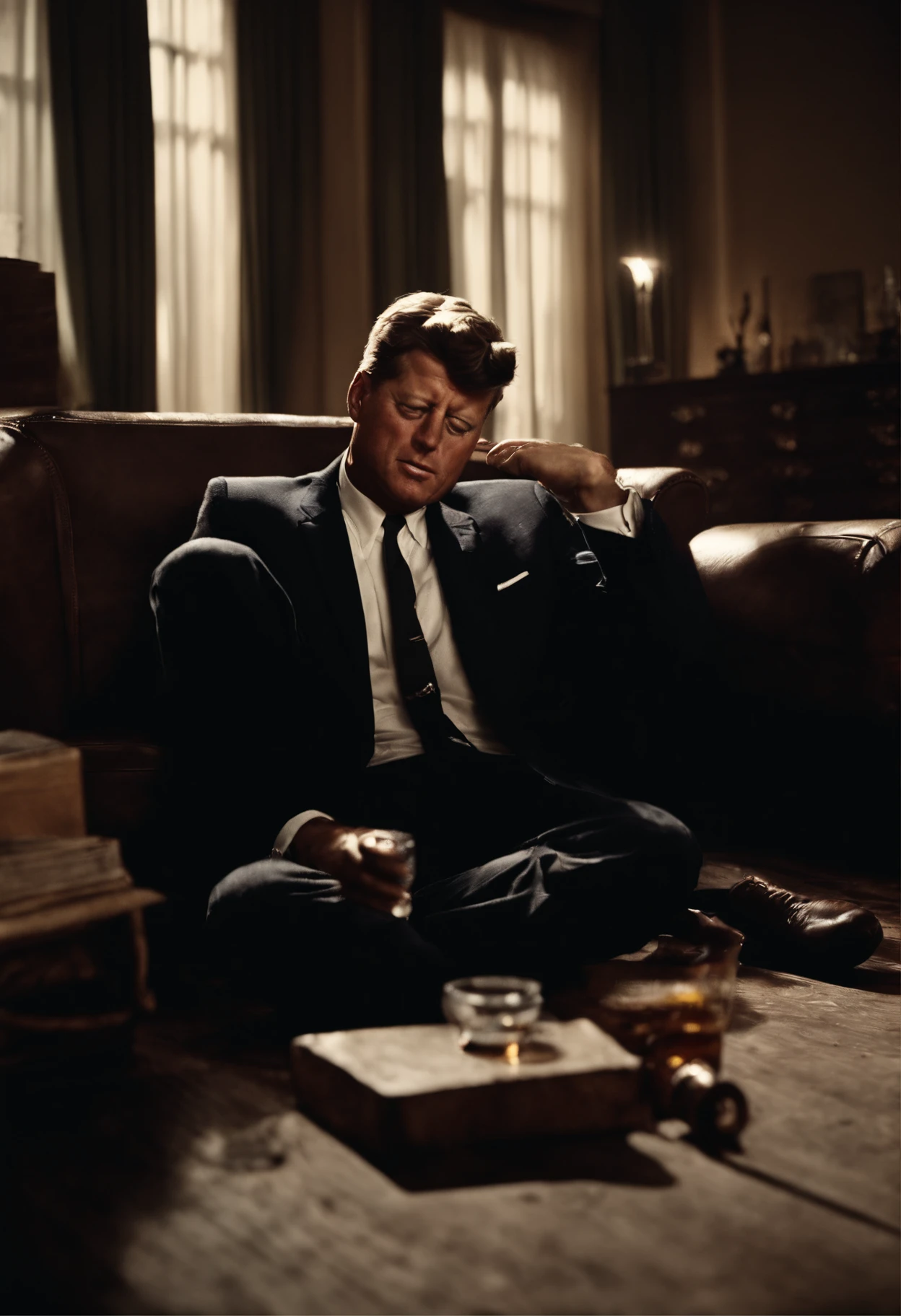 a picture of john f kennedy drinking alcohol laying on the floor screaming going insNs