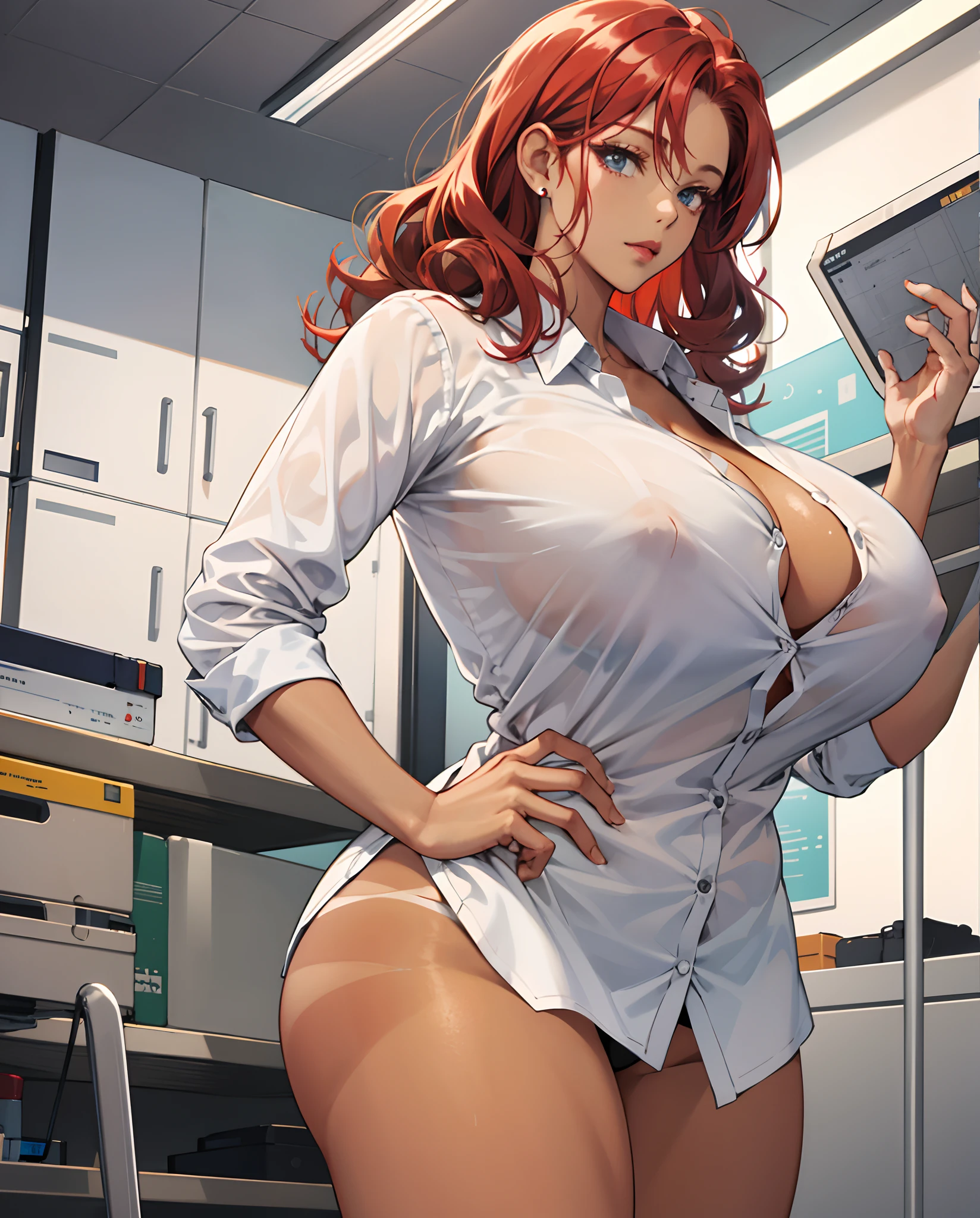 Huge breasts redhead tan skin wearing tight button down anime thick thighs curly hair in a lab