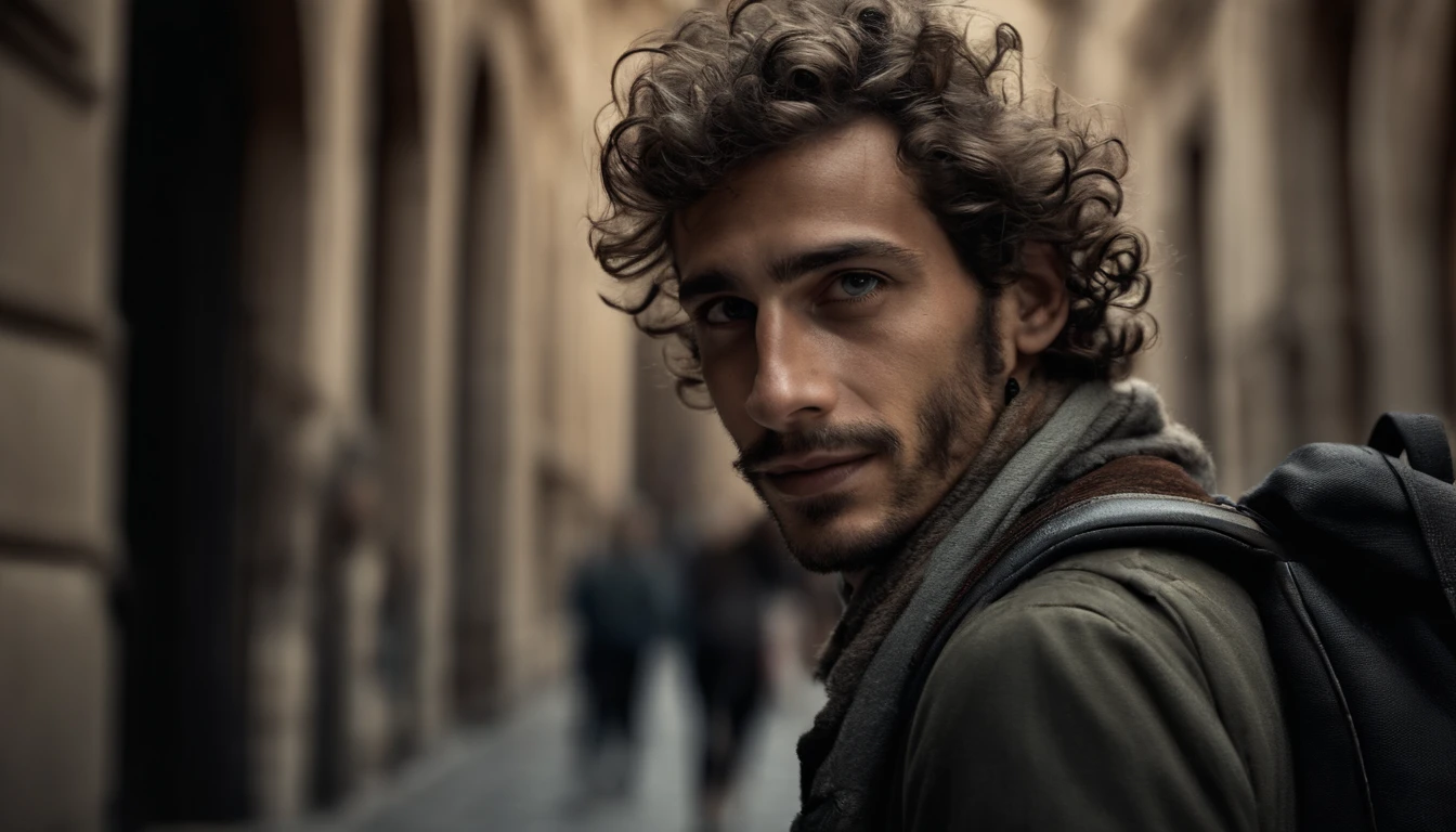 analog style, model photography style, RAW portrait of a young man tourist, using a backpack, walking on th streets of Rome, admiring historic architecture, read hair and smiling, best quality, epic (by photo by Lee Jeffries, sony a7, 50 mm , pores: 1.5, colors, hyperdetailed: 1.5, film grain: 1.4, hyperrealistic: 1.5), hyperrealistic texture, masterpiece, unreal engine 5, extremely detailed CG unit 4k wallpaper, realistic eyes, insanely detailed photo, no shadows, (Winner of Pulitzer Prize for Photography and Taylor Wessing Photographic Prize)
