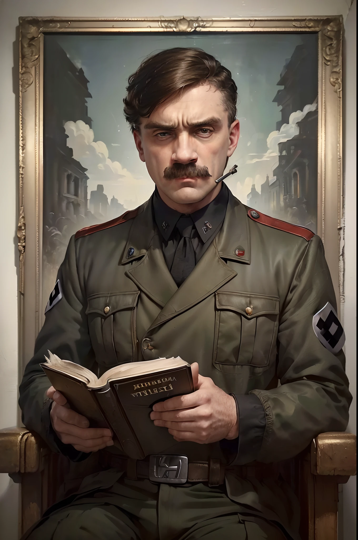 ((hitler: 1.3, Soviet painting: 1.3), pintura detalhada, ((1man), segurando um cigarro E um livro), ((cabelo grisalho: 1.2, cabelo preto: 1.2, cabelo branco: 1.2), Retro clothing), nostalgic atmosphere)