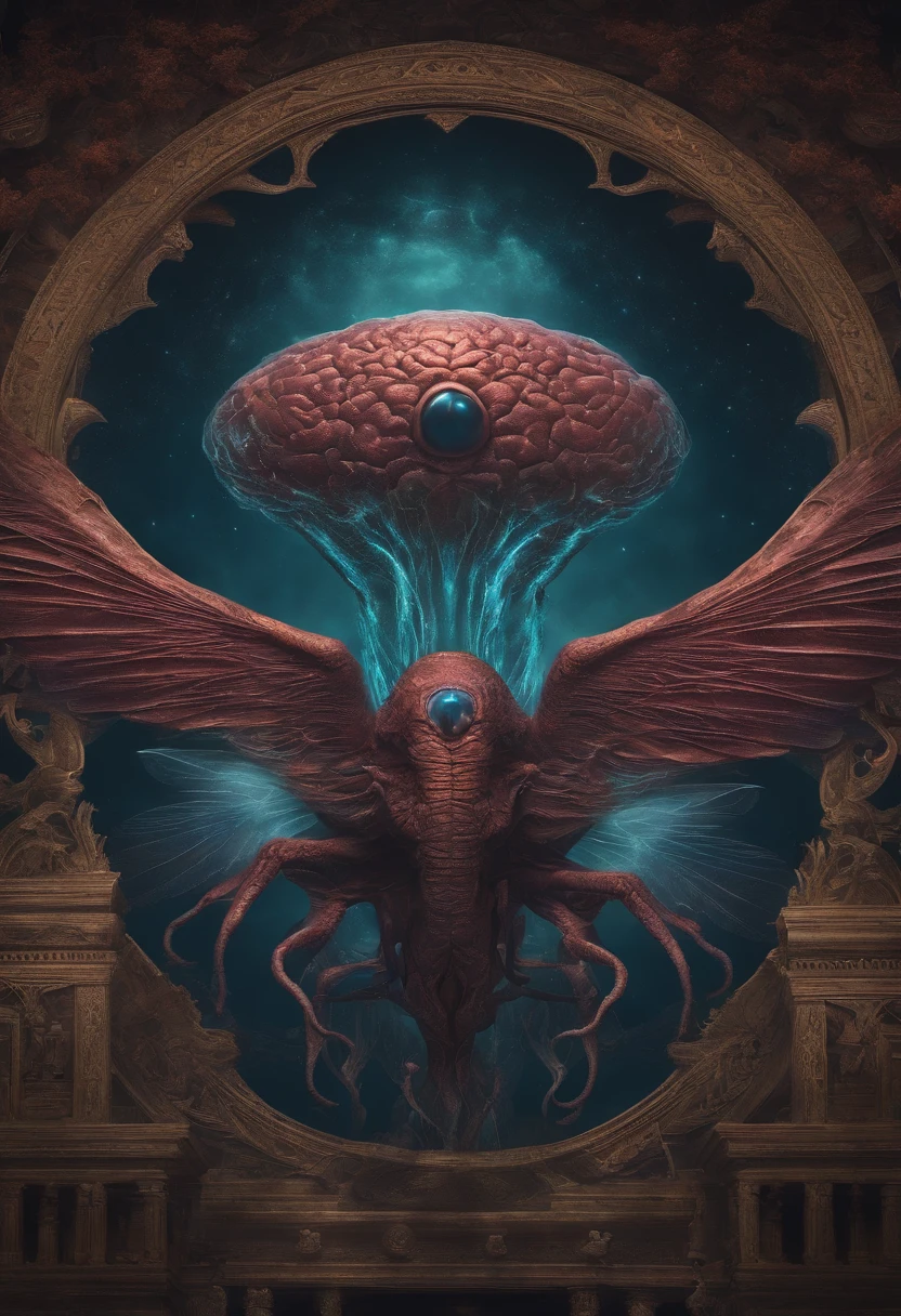 Giant, alien brain with lots of eyes and wings, bem sombrio e apavorante atraindo com pequenos raios muito dinheiro ao seu redor