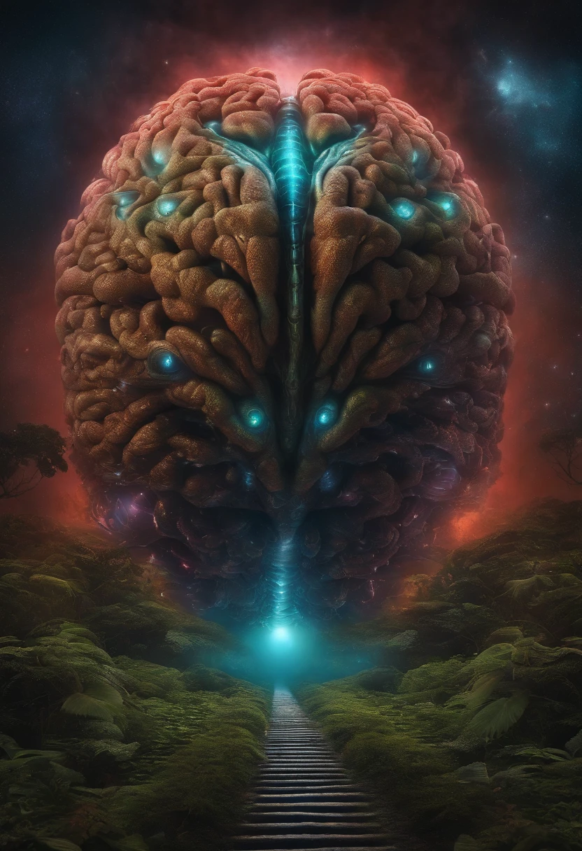 Giant, alien brain with lots of eyes and wings, bem sombrio e apavorante atraindo com pequenos raios muito dinheiro ao seu redor