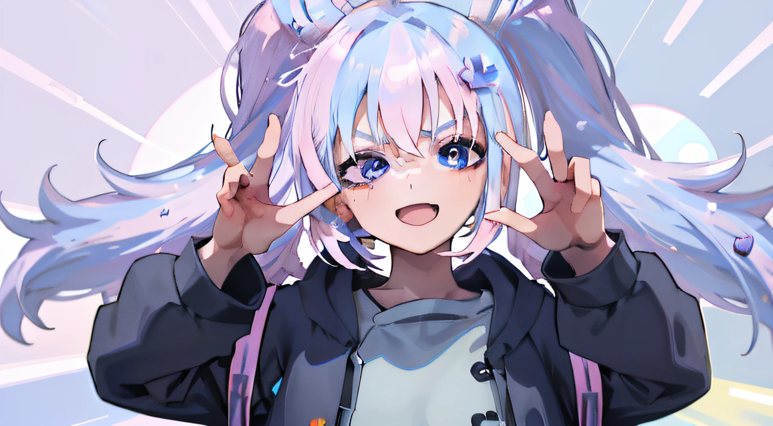 masterpiece, high quality, highres, absurdres, ultra-detailed, detailed eyes, 8k, 1girl, colorful eyes, fangs, open mouth, blue eyes, bangs, colorful background, (graffiti mural walls background), looking at viewer, vibrant, contrast, blue hair, white hair, gradient hair, happy, high five, heart symbols