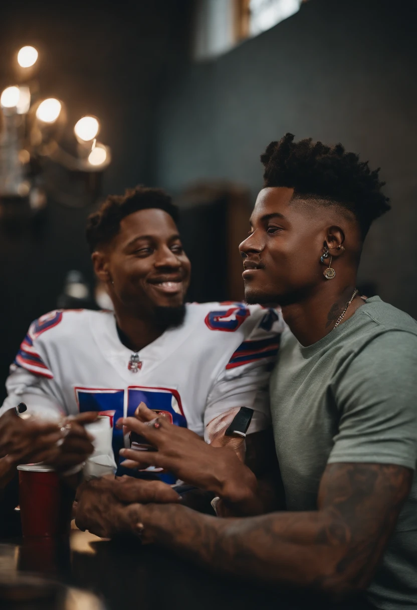 a picture of john f kennedy wearing a buffalo bills stefon diggs jersey with lucki(the rapper) and they both are holding styrofoam cups with a purple liquid