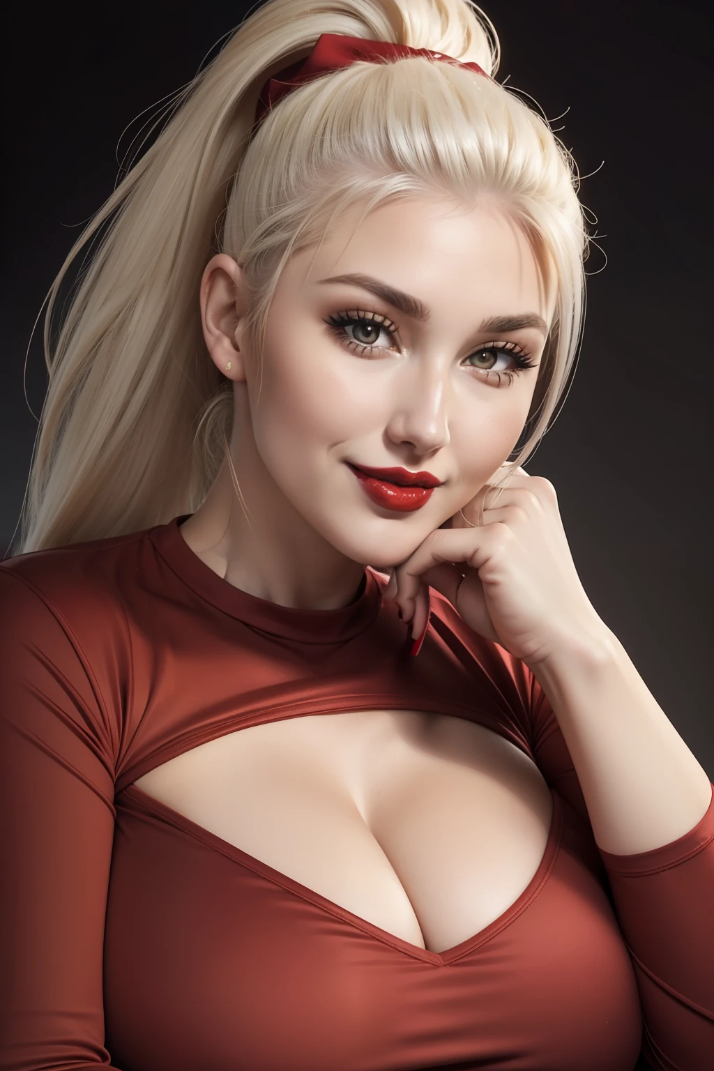 Lucy Pinder, Face portrait, face, cleavage, ((red lipstick)), smiling, straight hair, PLATINUM hair, Ponytail, long sleeve t-shirt, yellow t-shirt, very chubby woman, voluptuous woman