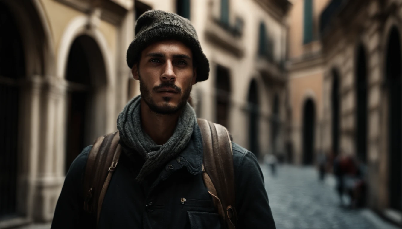 analog style, model photography style, RAW middle shot portrait of a young man tourist, using a backpack, walking on th streets of Rome, admiring historic architecture, best quality, epic (by photo by Lee Jeffries, sony a7, 50 mm , pores: 1.5, colors, hyperdetailed: 1.5, film grain: 1.4, hyperrealistic: 1.5), hyperrealistic texture, masterpiece, unreal engine 5, extremely detailed CG unit 4k wallpaper, realistic eyes, insanely detailed photo, no shadows, (Winner of Pulitzer Prize for Photography and Taylor Wessing Photographic Prize)