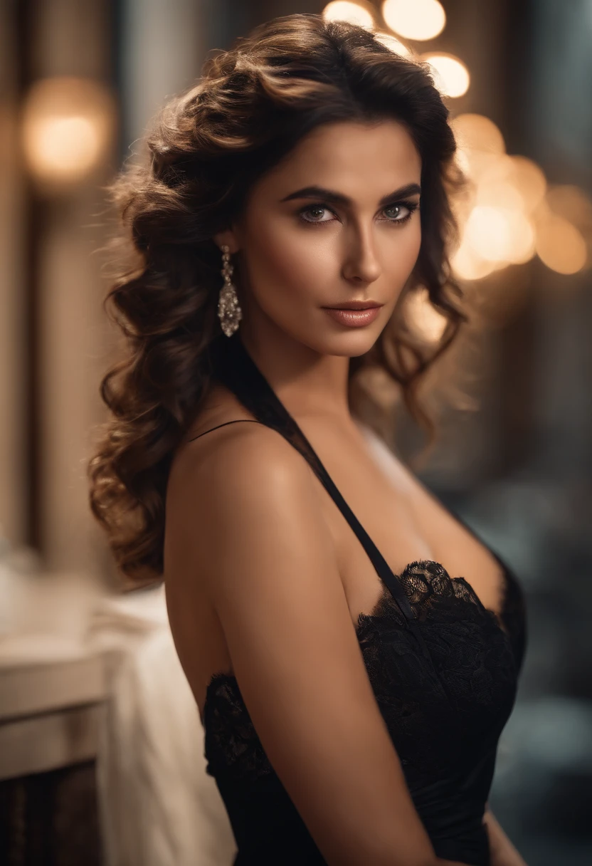 (Focus on the chest:1), Poster photo, Charming Sicilian goddess, (Beautiful face:1.3), Detailed eyes, lusciouslips, （d-cup breasts:1.0），Black lace bodice，（cleavage 1.3），Wavy hair，cinmatic lighting，gentlesoftlighting， 8K, High-density imaging，Master masterpieces