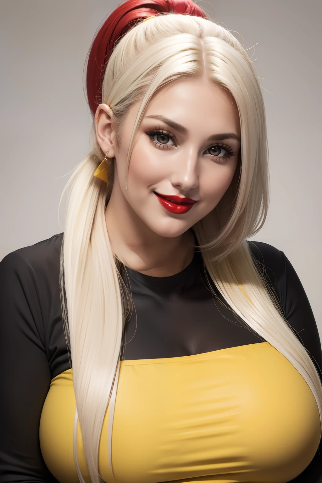 Lucy Pinder, Face portrait, face, cleavage, ((red lipstick)), smiling, straight hair, PLATINUM hair, Ponytail, long sleeve t-shirt, yellow t-shirt, very chubby woman, voluptuous woman