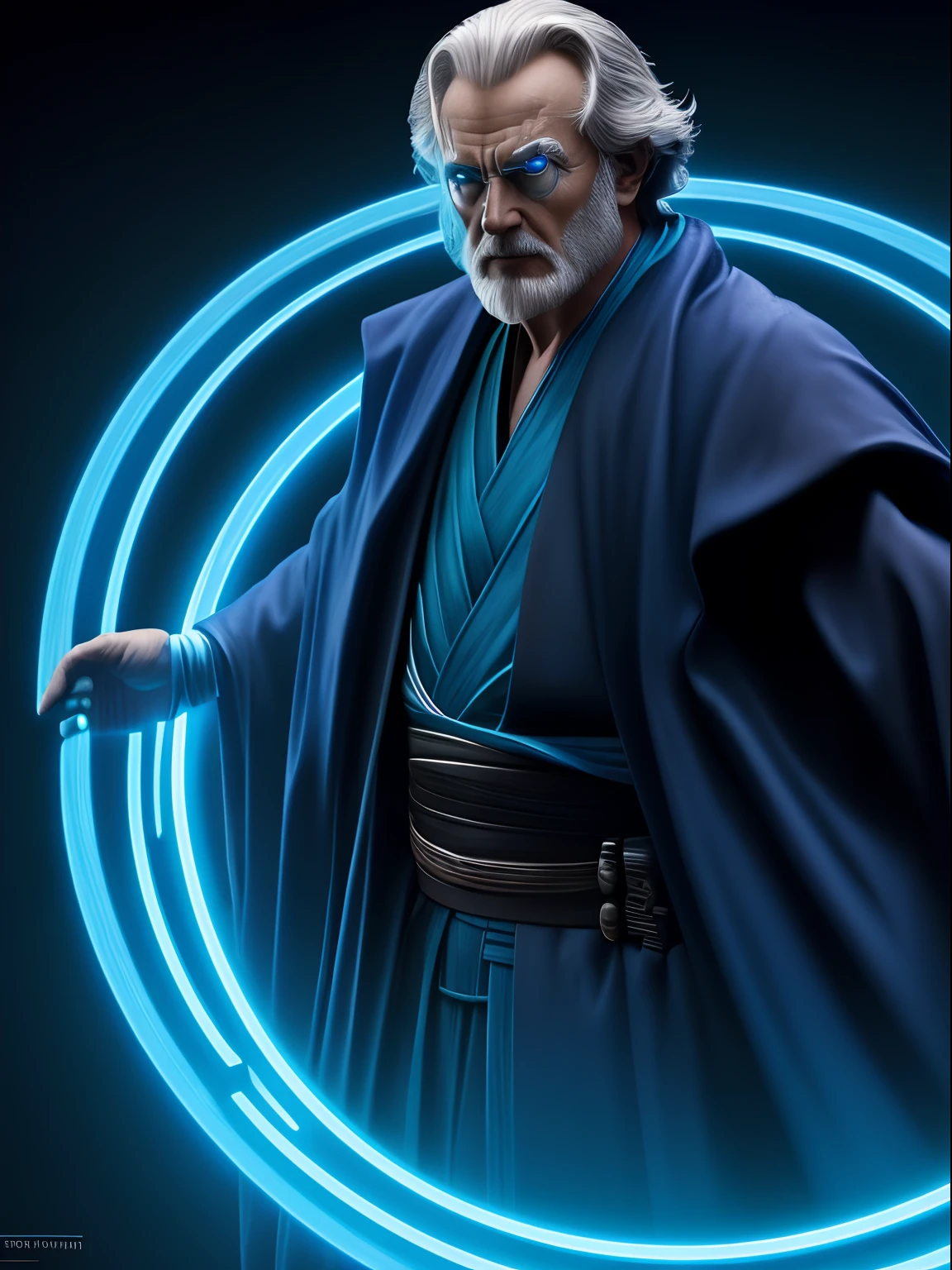 Blue neon concentric rings action shot of an old Jedi, in the style of Mark Brooks, photorealistic scenes.