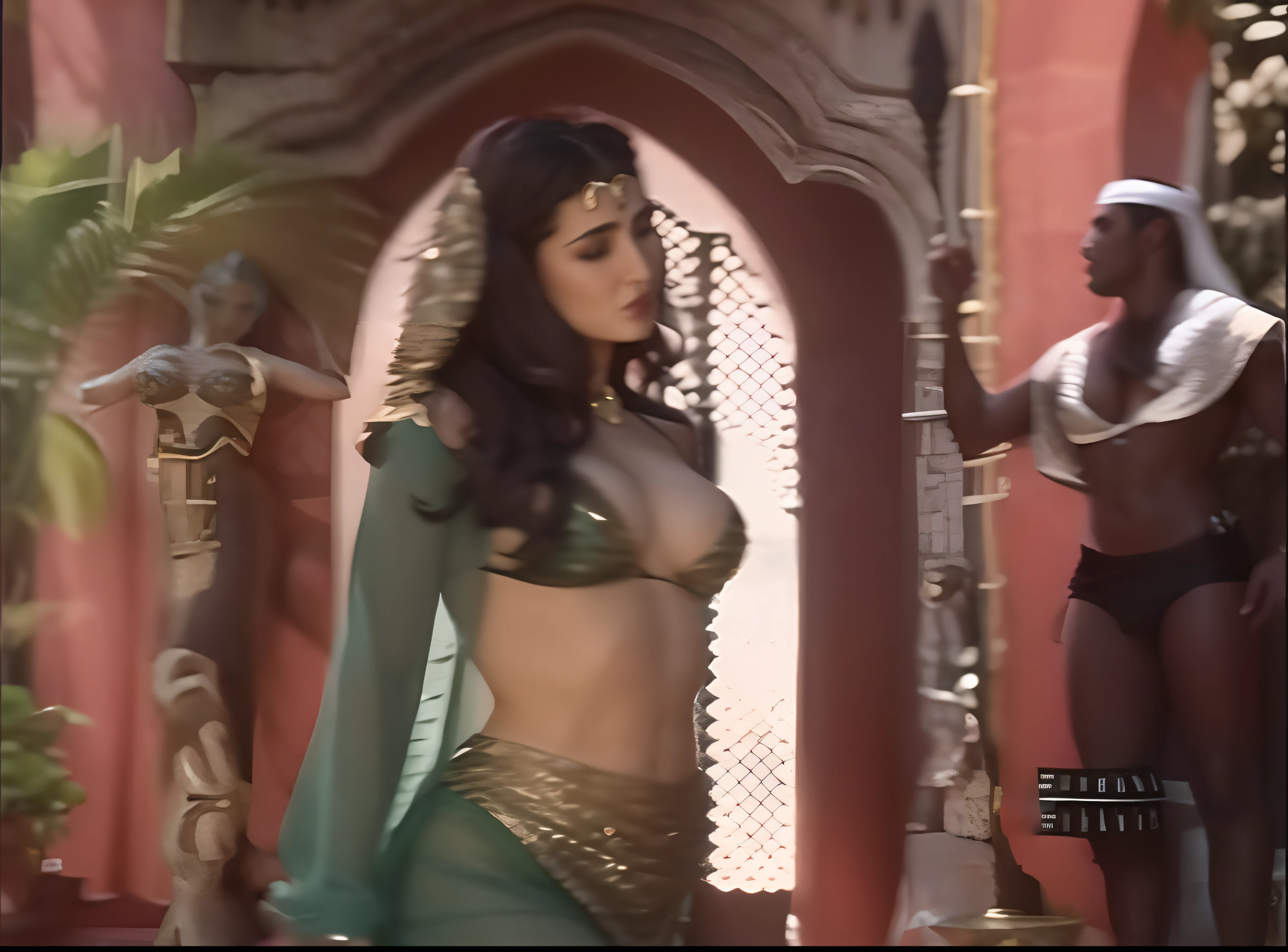 A python in a bikini top turned succubus，and a sculpture, she is dressed as a belly dancer,Big chest，heavy  makeups，Seductive，Flirtatious，Facial fascination， sexy movie photo, arabian wrestling woman, Salma Hayek as Barbarian, Capture the, Belly dancing, Salma Hayek as Witch, arab young monica belluci, young arab monica bellucci, arabian princess, Bra