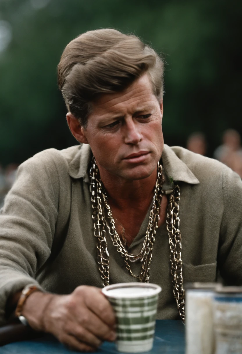 john f kennedy wearing drippy clothes with a big chain. and he has a styrofoam cup of lean